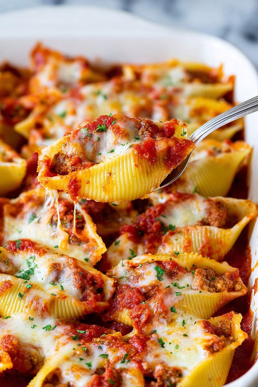 The image shows a close-up of pasta shells baked in a white dish. Each pasta shell is filled with a layer of meat inside, visible beneath the top layer. The shells are topped with bright red tomato sauce and a layer of melted cheese that is browned in spots, giving a slightly bubbly texture. The dish is sprinkled with small bits of green herbs, adding color contrast. A silver spoon lifts one pasta shell, showing the layers and cheddar melting slightly from the bottom. The background is a white marbled texture. photo taken with an iphone --ar 2:3 --v 7 - Cheesy Stuffed Shells with Marinara, cheesy stuffed shells, baked stuffed shells, Italian stuffed pasta, comfort food recipes