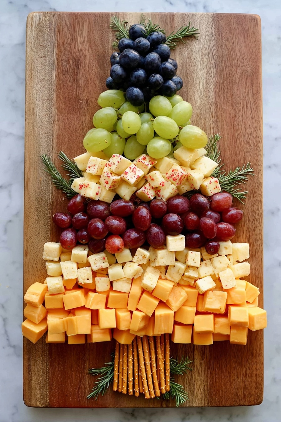 A wooden board holds a Christmas tree shaped snack arrangement made of layers of different fruits and cheeses. Starting from the bottom, there is a row of pretzel sticks acting as the tree trunk, topped by a thick layer of orange cheese cubes. Above this, there is a dense row of red grapes, followed by a layer of light cheese cubes with small red seasoning pieces. Next is a layer of green grapes, then a layer of plain pale yellow cheese cubes. The top of the tree is formed with a cluster of dark blue grapes. Small green rosemary sprigs are placed between the layers to mimic tree branches. The whole setup is on a white marbled surface photo taken with an iphone --ar 2:3 --v 7 - Christmas Tree Charcuterie Board Ideas, holiday snack platter, festive cheese board, Christmas party appetizer, holiday entertaining ideas