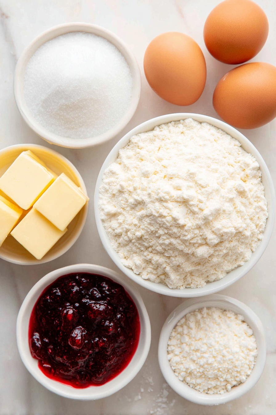 Flat lay of a small mound of pale yellow butter at room temperature, a small white ceramic bowl of fine white icing sugar, two whole brown eggs with clean shells, a small white ceramic bowl of fine sifted all-purpose flour, a small white ceramic bowl filled with glossy deep red Italian raspberry jam, a few loose grains of coarse salt, a vanilla bean pod, and a small pile of extra flour for rolling out dough, all arranged in perfect symmetry on a clean white marble surface, soft natural light, photo taken with an iPhone, professional food photography style, fresh ingredients, white ceramic bowls, no bottles, no duplicates, no utensils, no packaging --ar 2:3 --v 7 --p m7354615311229779997 - Raspberry Linzer Cookies, shortbread jam cookies, easy raspberry cookies, homemade Linzer cookies, tart raspberry pastry treats