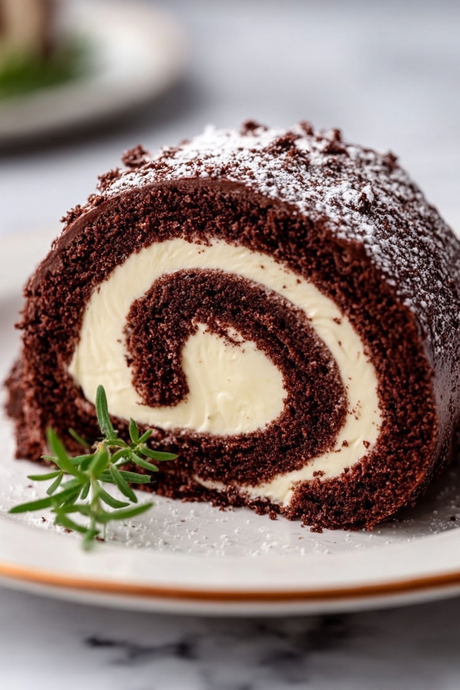A close-up view of a chocolate roll cake slice on a white plate with a subtle gold rim, placed on a white marbled surface. The cake has two main layers spiraling inward: the outer layer is a rich, dark brown chocolate sponge, soft and textured, wrapping around a thick, creamy off-white filling that contrasts sharply with the dark cake. The outside of the roll is coated in a layer of rough chocolate frosting, and a light dusting of powdered sugar covers the top edges and part of the plate. A small green herb leaf is placed casually beside the cake slice. photo taken with an iphone --ar 2:3 --v 7 - Festive Chocolate Yule Log, chocolate yule log recipe, holiday dessert ideas, Christmas yule log, easy festive cake