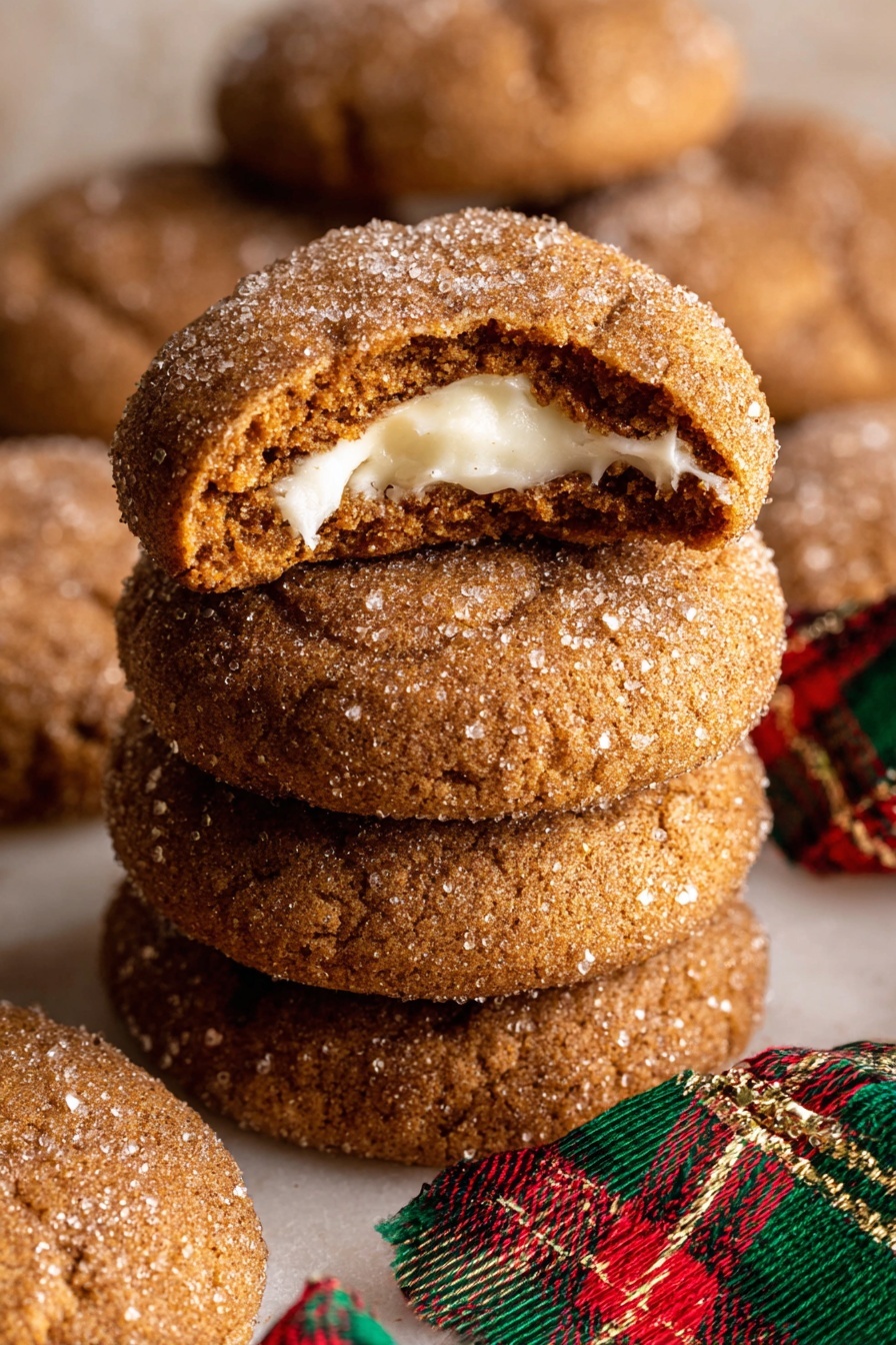 The image shows a close-up of a group of soft ginger cookies with a light sugar coating, arranged on a white marbled surface. In the center, one cookie is bitten, showing a cream filling inside with a smooth white texture. Around these cookies are small gingerbread man cookies decorated with white icing for faces and buttons. A red and green plaid ribbon weaves through the cookies, adding a festive touch, and a small shiny red ornament ball is placed near the top left corner. The overall colors are warm browns from the cookies and bright reds and greens from the ribbon and ornament. Photo taken with an iphone --ar 2:3 --v 7 - Gingerbread Cheesecake Cookies, gingerbread cookies with cream cheese, holiday cheesecake cookies, spicy gingerbread treats, easy festive cookie recipes