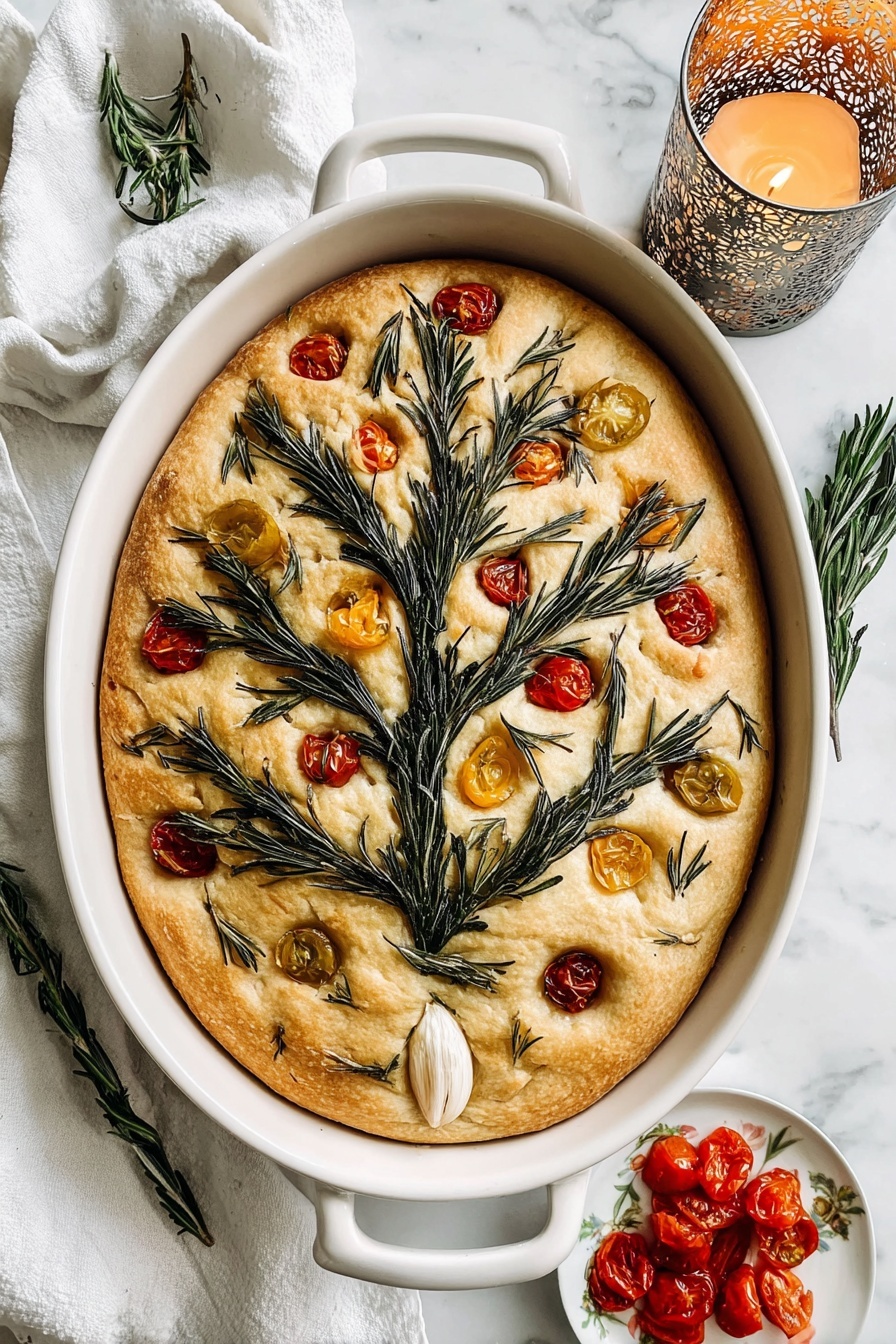 An oval white ceramic dish holds a single large focaccia bread with a golden crust. The top of the bread is decorated with three branches of green rosemary that spread across it like a tree, with small red and orange cherry tomatoes and slices of white onion placed between the rosemary sprigs. The bread has some dimples and a lightly browned surface. The dish is on a white marbled surface, next to a white towel with green stripes, a small white plate with blue floral design holding more cherry tomatoes, onion halves, and rosemary sprigs, and a lit candle in a decorative holder. photo taken with an iphone --ar 2:3 --v 7 - Festive Christmas Tree Focaccia, Christmas focaccia bread, holiday bread recipes, Christmas bread ideas, festive baking recipes