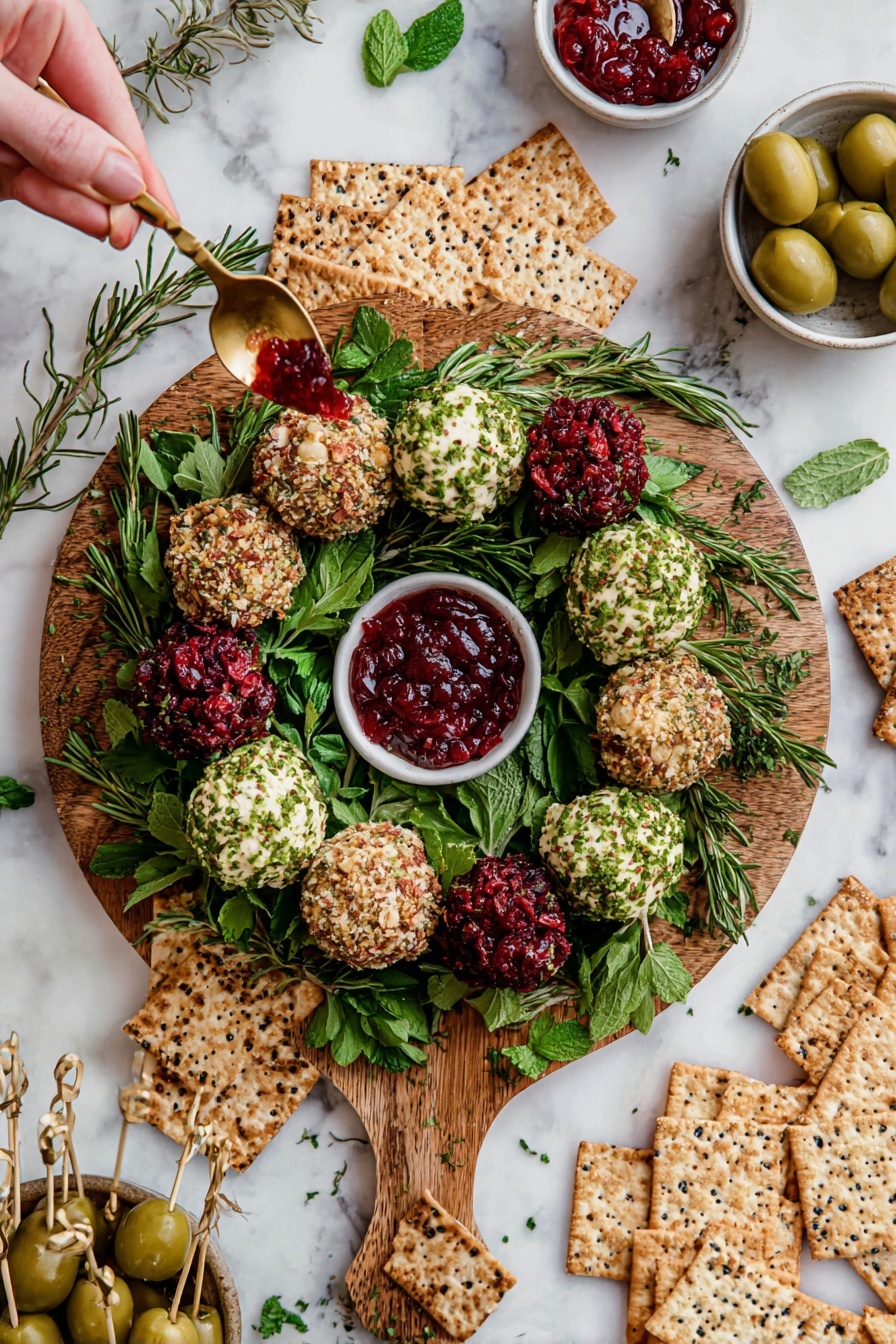 A round wooden board holds a wreath made of small cheese balls covered in three different coatings: bright red chopped dried cranberries, finely chopped green herbs with bits of nuts, and crumbly light brown nuts mixed with green herbs. The wreath is decorated with fresh green leaves of mint, parsley, rosemary, and thyme, placed evenly around and inside the wreath, creating a lively frame. Around the board, there are scattered dried cranberries and pecans on a white marbled surface. On the left side, white bowls filled with dried cranberries and red jam, along with square and rectangular crackers, are partially visible. photo taken with an iphone --ar 2:3 --v 7 - Cheese Ball Wreath, festive cheese ball appetizer, holiday cheese ball, cheese ball party platter, cheese ball wreath ideas