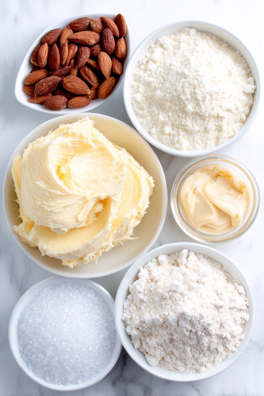Flat lay of a smooth mound of dairy-free buttery spread, a small heap of fine confectioner's sugar, a neat pile of plain flour, a small white bowl with a light mixture of corn starch and water, a tiny white bowl with golden vanilla bean paste, a few whole almonds alongside a small white bowl of almond milk, and a small white bowl filled with sparkling white sugar crystals, all arranged symmetrically on a simple white ceramic surface, placed on a clean white marble surface, soft natural light, photo taken with an iPhone, professional food photography style, fresh ingredients, white ceramic bowls, no bottles, no duplicates, no utensils, no packaging --ar 2:3 --v 7 --p m7354615311229779997 - Vegan Danish Butter Cookies, vegan butter cookies, dairy-free Danish cookies, vegan cookie recipes, melt-in-your-mouth vegan cookies