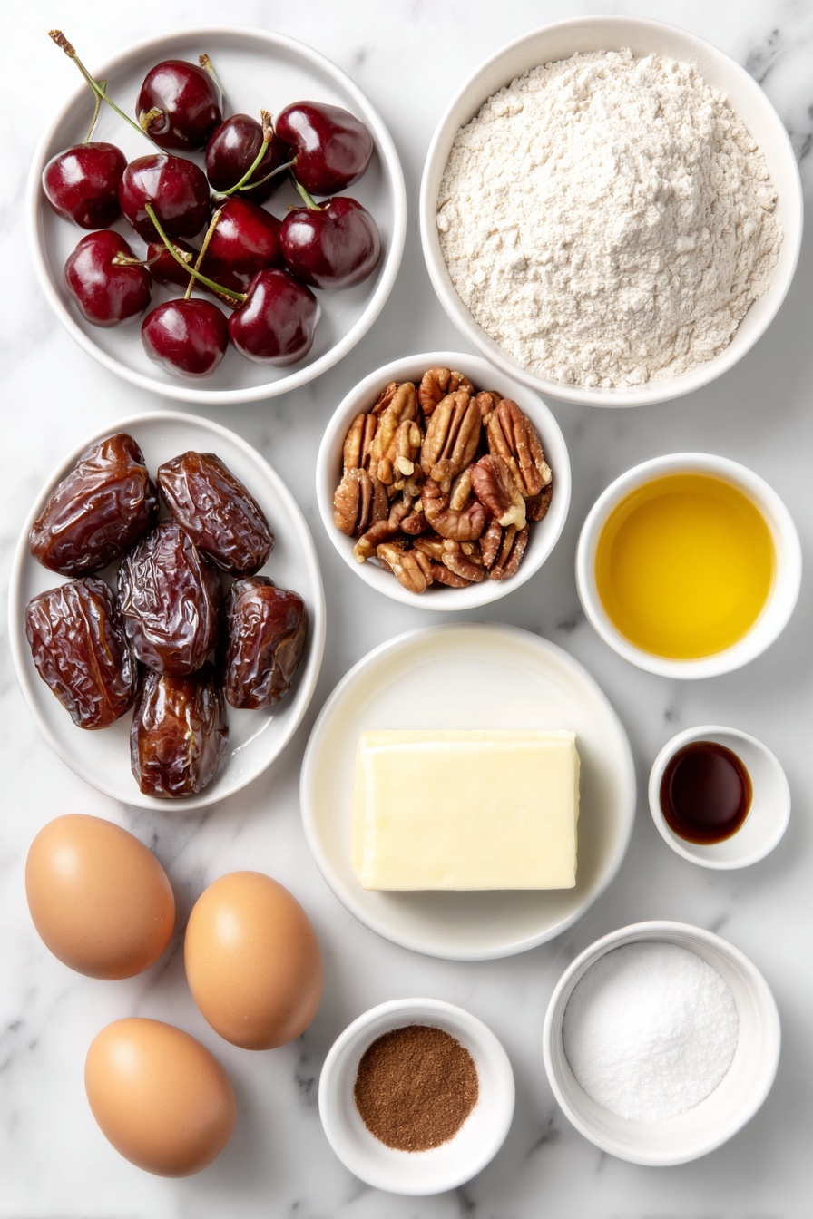 Flat lay of a small mound of all-purpose flour on a simple white ceramic plate, whole unshelled walnuts and whole unshelled pecans arranged neatly, a small cluster of bright red fresh cherries (not jarred) with stems intact on a white ceramic dish, assorted candied fruits in varied colors on a white ceramic bowl, whole pitted dates with glossy skins on a white plate, plump golden raisins in a white ceramic bowl, thin slices of fresh pineapple arranged flat on a white plate, a half stick of unsalted butter on a white ceramic dish, two whole uncracked brown eggs with clean shells, a small white ceramic bowl filled with dark glossy corn syrup, a small white bowl with light orange fruit juice, a small white ceramic bowl containing fine granulated sugar, white ceramic bowls with measured ground cinnamon, allspice, cloves, baking powder and salt displayed as fine powders on white ceramic spoons, arranged in perfect symmetry without duplicates, all ingredients fresh and natural, placed on a clean white marble surface, soft natural light, photo taken with an iPhone, professional food photography style, fresh ingredients, white ceramic bowls, no bottles, no duplicates, no utensils, no packaging --ar 2:3 --v 7 --p m7354615311229779997 - Healthy Christmas Fruit Bundt Cake, festive fruitcake, healthy holiday baking, light Christmas cake, seasonal fruit cake
