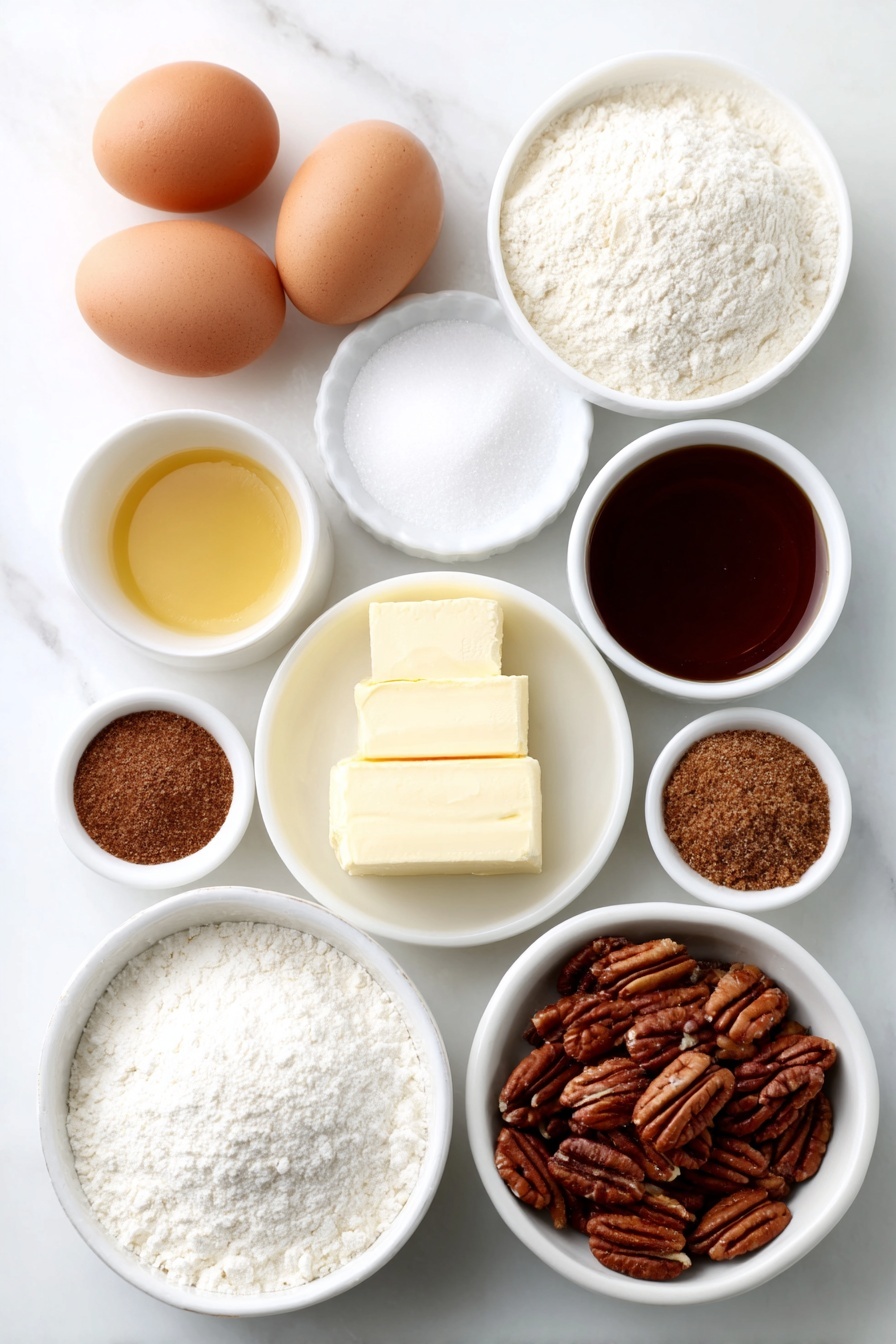 Flat lay of a small white ceramic bowl of warm water, two whole uncracked brown eggs, a small white ceramic bowl of honey, a small white ceramic bowl of melted butter, a small white ceramic bowl of kosher salt, a small white ceramic bowl of active dry yeast, a small white ceramic bowl of vanilla extract, a small white ceramic bowl of sea salt, a small white ceramic bowl of granulated sugar, a small white ceramic bowl of brown sugar, a small white ceramic bowl of ground cinnamon, a small white ceramic bowl of ground nutmeg, a small white ceramic bowl of cornstarch, a mound of unbleached all-purpose flour, a small white ceramic bowl of softened unsalted butter, a small white ceramic bowl of softened salted butter, a handful of fresh pecan halves and a small pile of chopped pecans, all arranged in perfect symmetry on a clean white marble surface, soft natural light, photo taken with an iPhone, professional food photography style, fresh ingredients, white ceramic bowls, no bottles, no duplicates, no utensils, no packaging --ar 2:3 --v 7 --p m7354615311229779997 - Caramel Pecan Rolls, Caramel Pecan Rolls Recipe, Easy Caramel Pecan Rolls, Nutty Cinnamon Rolls, Sweet Breakfast Rolls