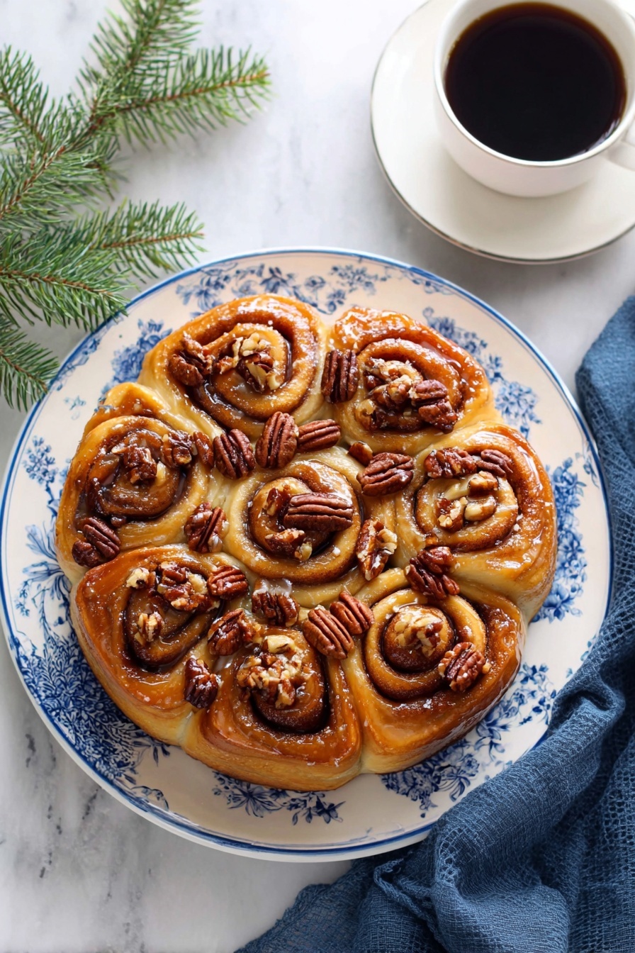 A round cinnamon roll cake with seven swirled rolls arranged closely in a circle on a white plate with blue floral designs, each roll is golden brown and topped with dark brown pecan halves, some pecans are placed in the center while others decorate the edges of the rolls. The rolls have a shiny glaze giving them a glossy look. The plate sits on a white marbled surface with a dark blue cloth napkin partially visible at the bottom right. At the top right, there is a white cup filled with black coffee on a matching white saucer. A small green pine branch is placed on the left side of the plate. photo taken with an iphone --ar 2:3 --v 7 - Caramel Pecan Rolls, Caramel Pecan Rolls Recipe, Easy Caramel Pecan Rolls, Nutty Cinnamon Rolls, Sweet Breakfast Rolls