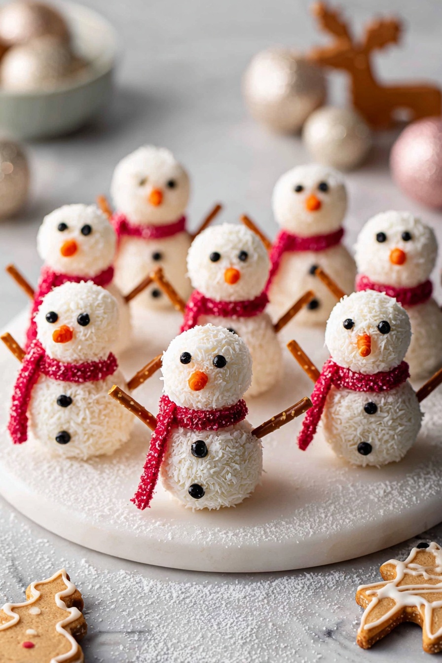 The image shows a group of small snowman-shaped treats arranged on a round white marble board. Each snowman has two round white layers covered in a powdery texture resembling coconut flakes, stacked vertically to form the body and head. They have tiny black eyes and buttons made from small black dots, and an orange nose shaped like a small cone in the middle of the face. A bright red candy scarf wraps around the neck of each snowman, textured with small sugar crystals. Thin pretzel sticks stick out from each side of the middle layer to look like arms. The white marble board is dusted lightly with coconut flakes, and in the blurred background, a few round ornaments and small gingerbread cookies shaped like a star and a reindeer lie on the white marbled surface. photo taken with an iphone --ar 2:3 --v 7 - Vegan Coconut Snowman Truffles Cute Holiday Treat Plant-Based Festive Dessert