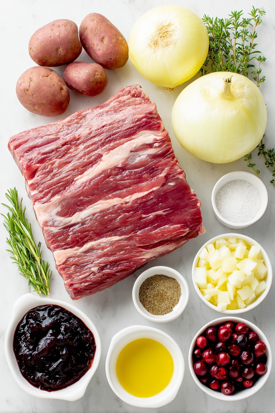 Flat lay of a large raw beef brisket flat cut with visible marbling, a small white bowl of golden olive oil, a small white bowl with a mix of coarse salt, black pepper, dried thyme and rosemary, garlic powder, and onion powder, a whole yellow onion halved—one half sliced thinly and one half diced in a small pile, five fresh garlic cloves, a small white bowl filled with glossy deep red cranberry jelly, a small white bowl with dark Worcestershire sauce, a small white bowl of dark Guinness beer, a cluster of petite red potatoes with smooth skins, a small white bowl holding plump dried cranberries, and three sprigs each of fresh green rosemary and thyme arranged symmetrically—all placed on a clean white marble surface, soft natural light, photo taken with an iPhone, professional food photography style, fresh ingredients, white ceramic bowls, no bottles, no duplicates, no utensils, no packaging --ar 2:3 --v 7 --p m7354615311229779997 - Cranberry Beef Brisket Roast, holiday beef roast with cranberries, tender beef brisket recipe, festive holiday roast, cranberry beef dinner