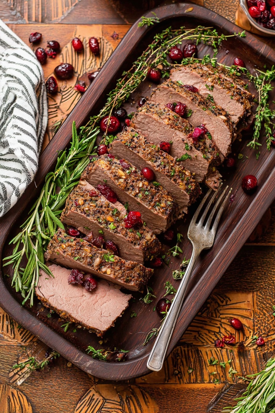 The image shows a large white rectangular baking dish with red handles, filled with a dark roasted meat roast on top, surrounded by small browned onions and dark red cooked cranberries in a rich brown sauce. Several bright green sprigs of rosemary are placed on and around the roast, adding texture and color contrast. The dish sits on a wooden textured table with a striped grey and white cloth beneath the handle. To the right, there is a white basket filled with light golden bread rolls. In the background, there is a silver carving fork and knife with black handles, along with scattered sprigs of fresh herbs, cranberries, and garlic cloves on the table. photo taken with an iphone --ar 2:3 --v 7 - Cranberry Beef Brisket Roast, holiday beef roast with cranberries, tender beef brisket recipe, festive holiday roast, cranberry beef dinner