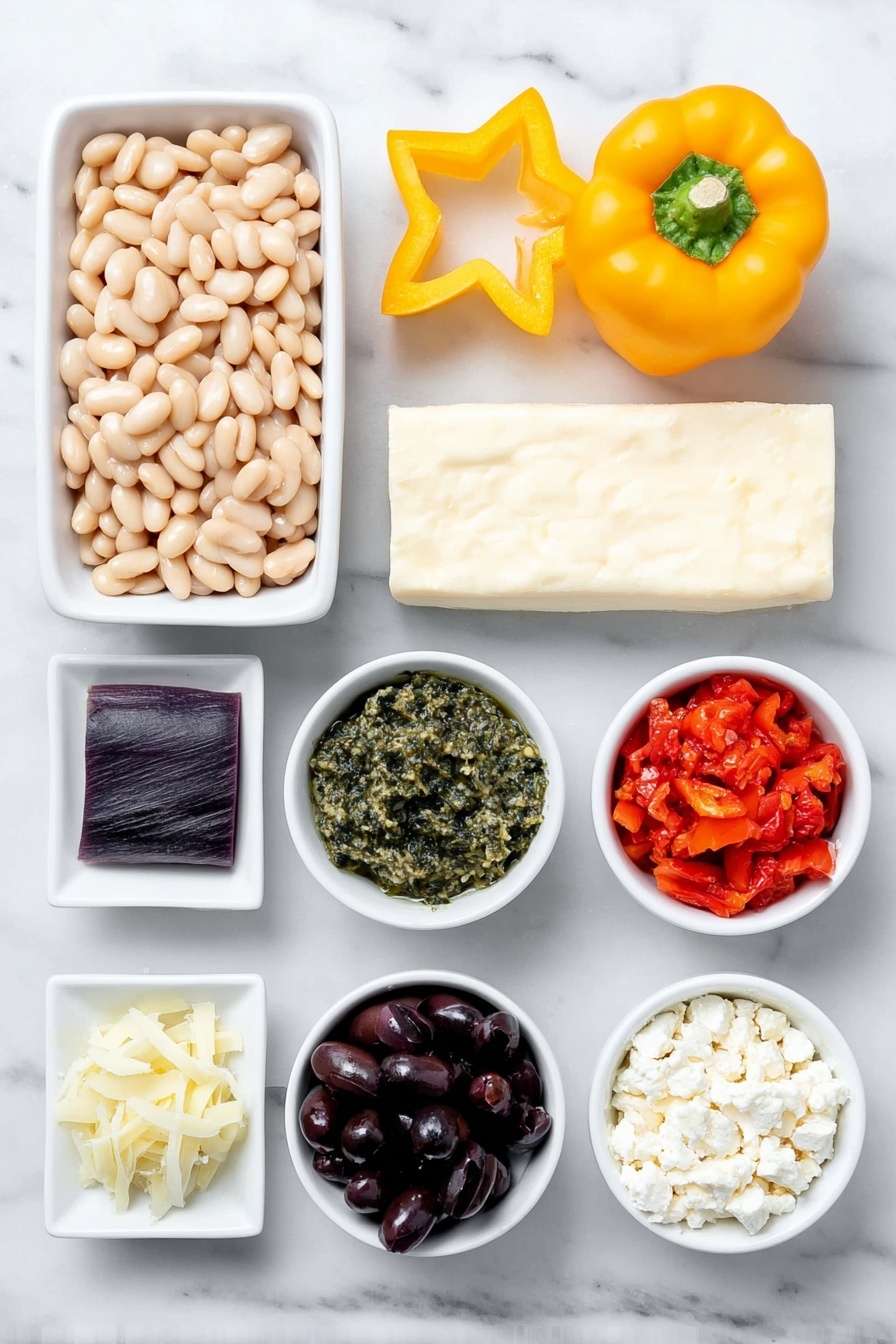 Flat lay of a small white ceramic bowl of rinsed cannellini beans, an uncut block of reduced-fat cream cheese, a small white bowl of vibrant green pesto, a fresh yellow bell pepper with one star-shaped slice cut out, a rectangular slice of dark purple-black pepper, a small white bowl of chopped artichoke hearts, a small white bowl of chopped roasted red peppers, horizontally sliced Kalamata olives arranged in a small white bowl, a few bright red Sweety Drop peppers scattered beside the bowls, and a small white bowl of crumbled reduced-fat feta cheese, all arranged in perfect symmetry on a clean white marble surface, soft natural light, photo taken with an iPhone, professional food photography style, fresh ingredients, white ceramic bowls, no bottles, no duplicates, no utensils, no packaging --ar 2:3 --v 7 --p m7354615311229779997 - Christmas Tree Bean Dip with Pesto, festive holiday appetizer, easy Christmas dip recipes, vegetarian holiday snacks, party dips for Christmas