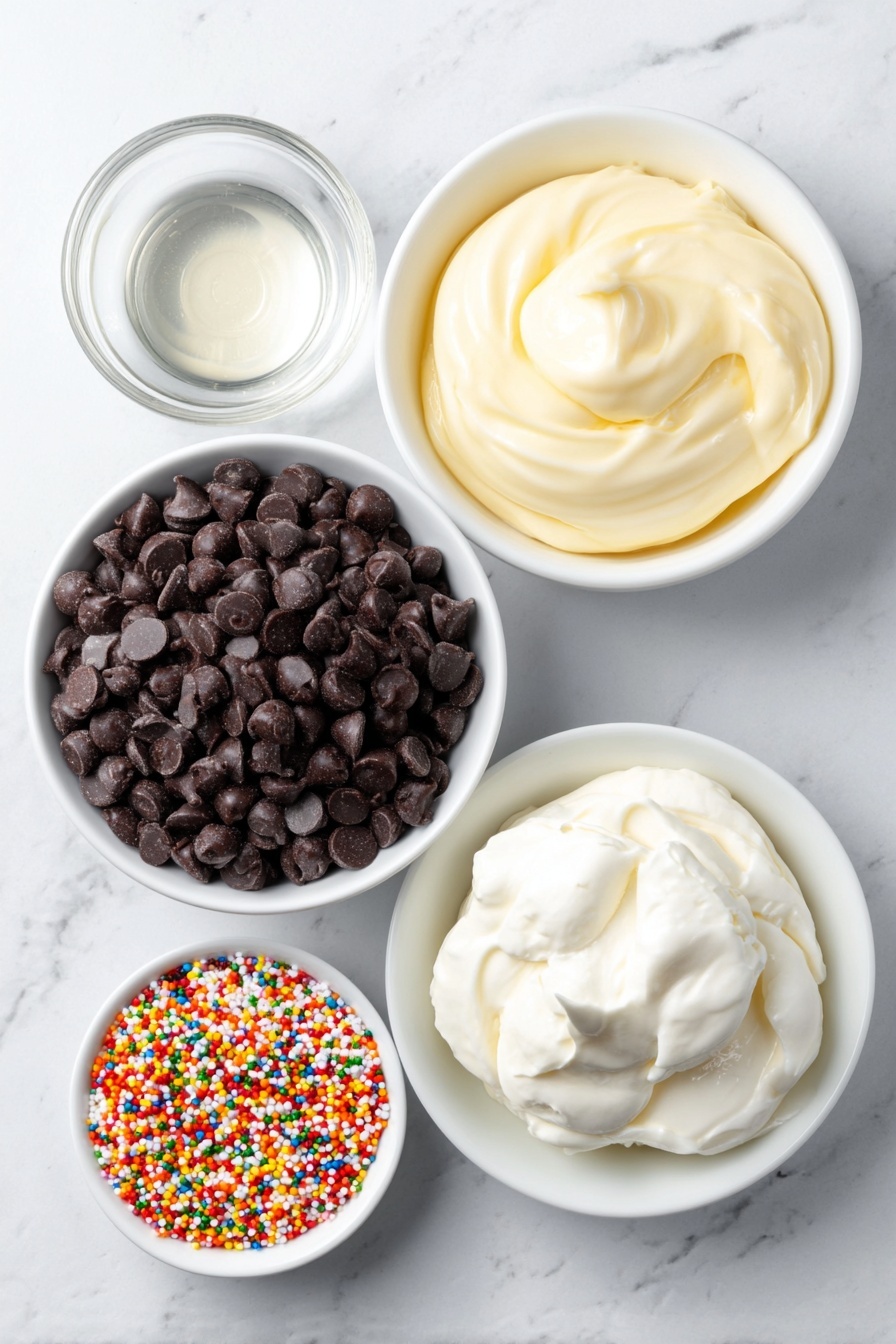 Flat lay of a small mound of glossy semi-sweet chocolate chips, a simple white ceramic bowl filled with smooth, thick sweetened condensed milk, a tiny white bowl holding clear vanilla extract, and a small white bowl overflowing with colorful round sprinkles, all arranged in perfect symmetry, placed on a clean white marble surface, soft natural light, photo taken with an iPhone, professional food photography style, fresh ingredients, white ceramic bowls, no bottles, no duplicates, no utensils, no packaging --ar 2:3 --v 7 --p m7354615311229779997 - Chocolate Truffle Recipe with Sprinkles, festive chocolate truffles, easy holiday desserts, no-bake chocolate truffles, colorful sprinkles treats