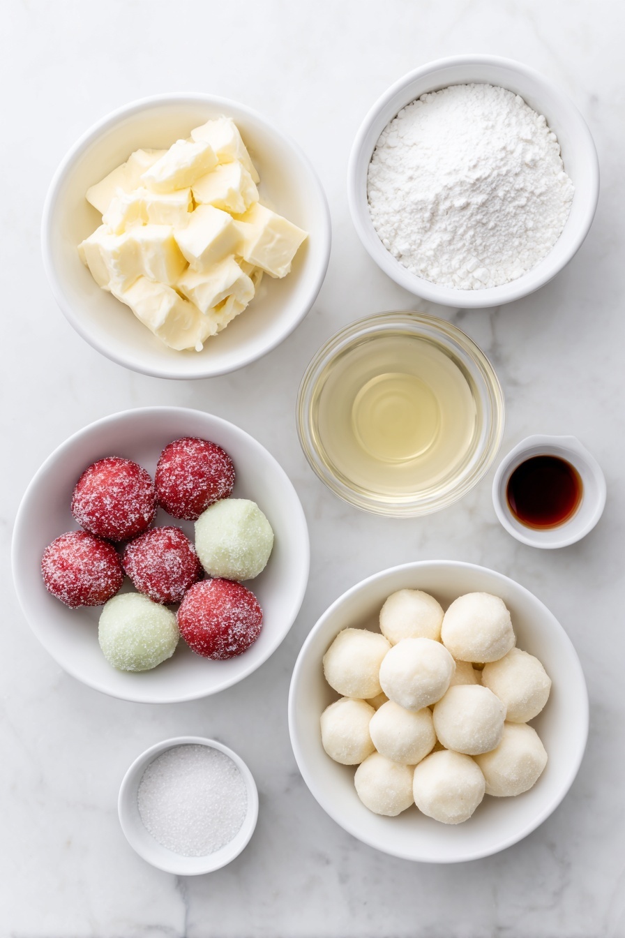 Flat lay of a small white ceramic bowl of softened butter, a small white ceramic bowl of light corn syrup, a small white ceramic bowl of clear peppermint extract, three portions of dough balls in red, green, and white hues (smooth texture, no utensils), a small white ceramic bowl of powdered sugar, a small white ceramic bowl of granulated sugar, all arranged symmetrically and proportionally, placed on a clean white marble surface, soft natural light, photo taken with an iPhone, professional food photography style, fresh ingredients, white ceramic bowls, no bottles, no duplicates, no utensils, no packaging --ar 2:3 --v 7 --p m7354615311229779997 - Homemade Peppermint Patties, peppermint candies, festive holiday treats, mint chocolates, easy candy recipes