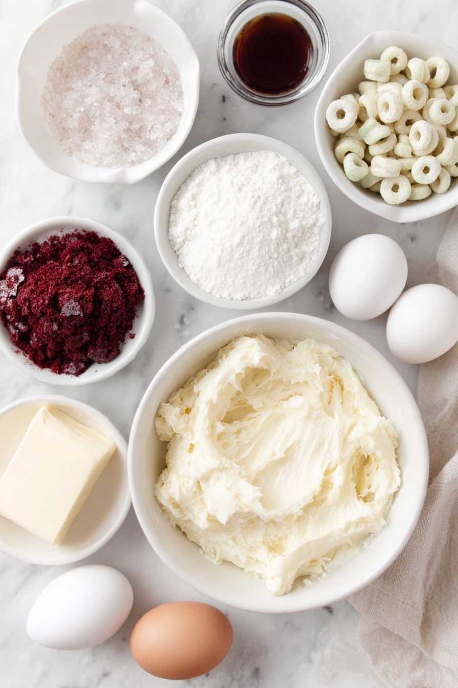 Flat lay of a simple white ceramic bowl of softened cream cheese, a small white bowl of unsalted butter softened to a creamy texture, a small white bowl filled with fine white confectioners’ sugar, two whole eggs with clean shells, a small white bowl of pure vanilla extract, a few bright red velvet cake mix crumbs, a handful of glossy green candy melts, a handful of glossy red candy melts, a handful of glossy white candy melts, a small white bowl of sparkling sanding sugar, and a few frosted Cheerios arranged neatly, all placed on a clean white marble surface, soft natural light, photo taken with an iPhone, professional food photography style, fresh ingredients, white ceramic bowls, no bottles, no duplicates, no utensils, no packaging --ar 2:3 --v 7 --p m7354615311229779997 - Festive Cake Ball Ornaments, holiday cake balls, Christmas cake decorations, holiday party treats, edible ornament ideas