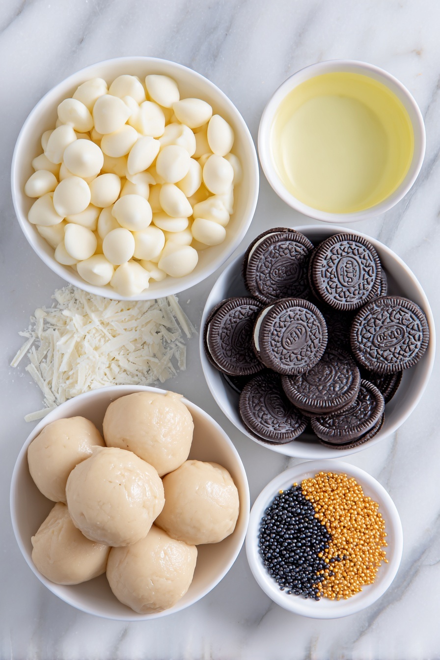 Flat lay of a small mound of smooth, pale beige cookie dough scooped into neat balls, a cluster of glossy whole mini Oreos with shiny black cookies and no visible filling, a small white ceramic bowl filled with creamy white chocolate chips, a small white bowl with translucent, pale yellow coconut oil, shiny cylindrical Rolo chocolates with visible caramel centers peeking through the milk chocolate, delicate white snowflake sprinkles scattered artfully, and tiny glossy black and vibrant orange pearl sprinkles arranged in small groups, all placed on a clean white marble surface, soft natural light, photo taken with an iPhone, professional food photography style, fresh ingredients, white ceramic bowls, no bottles, no duplicates, no utensils, no packaging --ar 2:3 --v 7 --p m7354615311229779997 - Snowman Cookie Dough Bites, Easy Holiday Dessert, Festive No-Bake Treats, Christmas Party Snacks, Winter Cookie Snacks