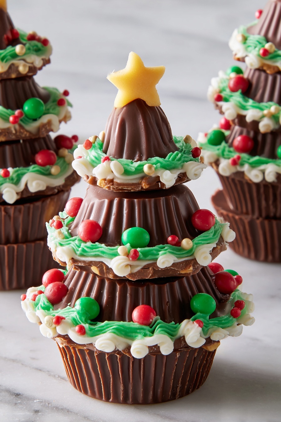 The image shows a small Christmas tree made from three stacked brown ridged chocolate cups of different sizes=