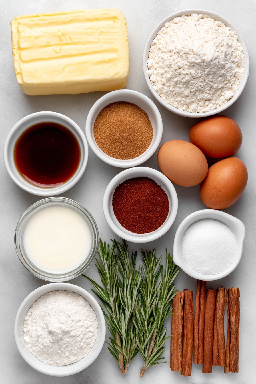 Flat lay of all-purpose flour in a small white ceramic bowl, a small white bowl with baking powder, ground ginger, ground cinnamon, ground cloves, and ground nutmeg arranged separately as fine powders, a small heap of coarse salt on white ceramic, a large slab of unsalted butter, packed dark brown sugar in a small white bowl, two whole uncracked brown eggs, molasses in a small white bowl showing its glossy dark texture, vanilla beans next to a small white bowl with vanilla extract, a small white bowl of buttermilk, baking soda powder in a small white bowl, heavy cream in a small white bowl, powdered sugar in a small white bowl, several cinnamon sticks, a few star anise pods, translucent candied ginger slices, and fresh rosemary sprigs arranged symmetrically, placed on a clean white marble surface, soft natural light, photo taken with an iPhone, professional food photography style, fresh ingredients, white ceramic bowls, no bottles, no duplicates, no utensils, no packaging --ar 2:3 --v 7 --p m7354615311229779997 - Spiced Gingerbread Wreath Cake, gingerbread wreath cake, holiday gingerbread cake, festive gingerbread dessert, Christmas wreath cake