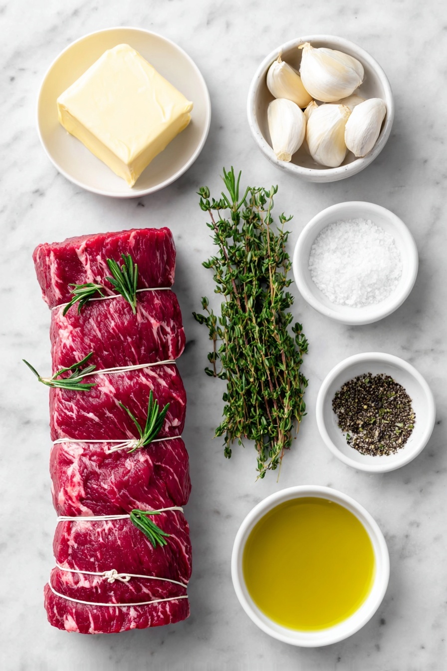 Flat lay of a whole raw center-cut beef tenderloin roast, tied with kitchen twine and trimmed, a few sprigs of fresh rosemary and thyme arranged neatly, six peeled garlic cloves clustered together, a small white ceramic bowl holding soft pale yellow butter, a small white ceramic bowl with coarse kosher salt crystals, a small white ceramic bowl filled with freshly ground black pepper, a small white ceramic bowl containing golden avocado oil, all ingredients fresh and natural, perfectly balanced and symmetrical, placed on a clean white marble surface, soft natural light, photo taken with an iPhone, professional food photography style, fresh ingredients, white ceramic bowls, no bottles, no duplicates, no utensils, no packaging --ar 2:3 --v 7 --p m7354615311229779997 - Herb Garlic Butter Beef Tenderloin, Beef Tenderloin with Herb Garlic Butter, Elegant Beef Tenderloin Recipe, Juicy Garlic Herb Beef, Gourmet Beef Tenderloin