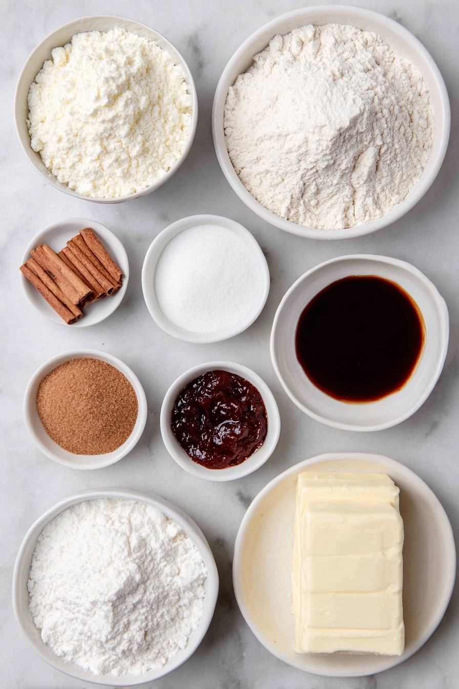 Flat lay of a small mound of all-purpose flour dusted lightly, a small white ceramic bowl of cornstarch, a small white ceramic bowl containing ground ginger, another small white ceramic bowl with ground cinnamon, a small white ceramic bowl holding baking soda, a small white ceramic bowl with kosher salt, a small white ceramic bowl with ground cloves, a small white ceramic bowl with ground allspice, a small white ceramic bowl of ground nutmeg, a slab of unsalted butter at room temperature, a small heap of packed dark brown sugar, a small white ceramic bowl filled with rich molasses, one large whole egg with a clean shell, a small white ceramic bowl of vanilla extract, a small white ceramic bowl of softened unsalted butter for filling, a few bright orange zest strips, a larger small white ceramic bowl filled with powdered sugar, a small white ceramic bowl holding glossy jellied cranberry sauce placed on a clean white marble surface, soft natural light, photo taken with an iPhone, professional food photography style, fresh ingredients, white ceramic bowls, no bottles, no duplicates, no utensils, no packaging --ar 2:3 --v 7 --p m7354615311229779997 - Gingerbread Cookie Sandwiches with Cranberry Filling, holiday gingerbread cookies, festive sandwich cookies, cranberry filled cookies, holiday dessert recipes