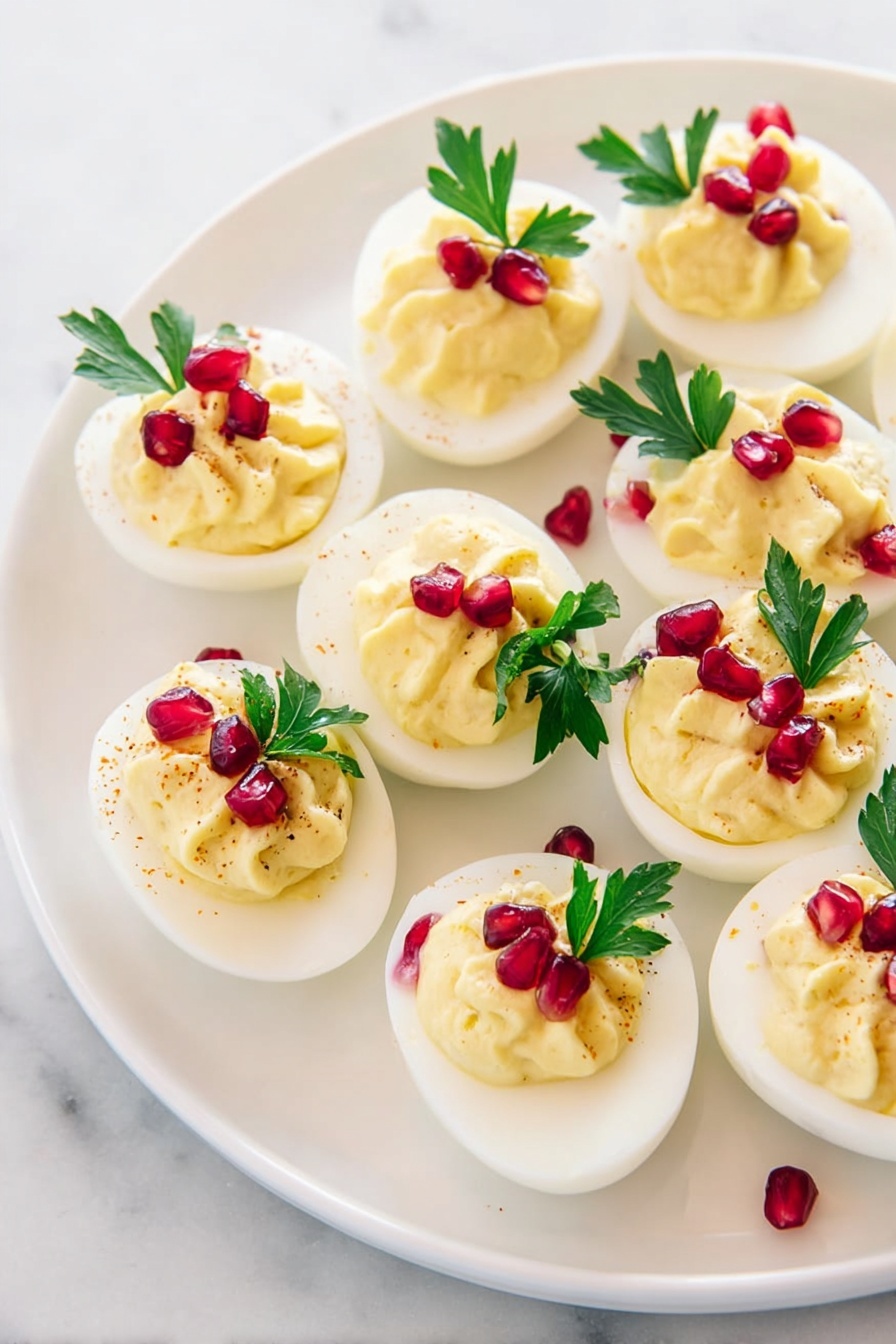 A white plate holds eight deviled egg halves arranged in a loose circle, each made of a smooth white egg white base filled with a pale yellow creamy filling that has a slightly swirled texture. On top of each filling, there are a few bright red pomegranate seeds and a small green parsley leaf, adding color contrast. The plate is set on a white marbled surface with a hint of natural light that makes the dish look fresh and inviting. photo taken with an iphone --ar 2:3 --v 7 - Christmas Deviled Eggs, festive deviled eggs, holiday appetizer ideas, Christmas party recipes, easy holiday appetizers