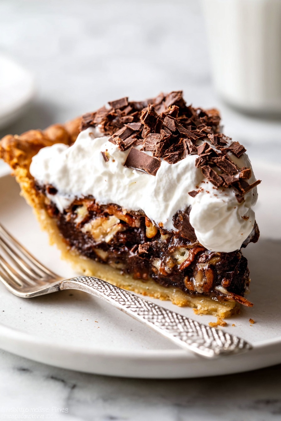 A round pecan pie is shown from above in a clear glass pie dish with a golden brown, unevenly crimped crust forming the outer edge. The pie filling is dark brown and textured with whole pecans placed close together, and generous dollops of melted chocolate spread unevenly on top. Small grains of coarse sea salt are scattered across the surface, adding a slight sparkle. The pie sits on a white marbled surface. photo taken with an iphone --ar 2:3 --v 7 - Dark Chocolate Pecan Pie, pecan pie with dark chocolate, decadent pecan pie recipe, chocolate pecan pie dessert, easy holiday pecan pie