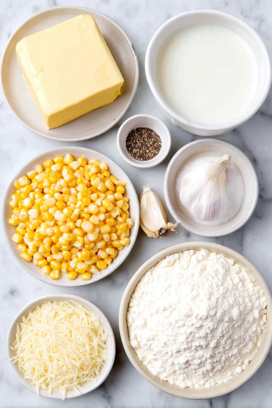 Flat lay of unsalted butter pat, a small mound of all-purpose flour on a white ceramic plate, a small white bowl filled with whole milk, a pile of fresh yellow corn kernels, a whole garlic clove, a small white bowl of sea salt, a small white bowl with freshly ground black pepper, and a small white bowl heaped with freshly grated Parmesan cheese, all arranged in perfect symmetry on simple white ceramic dishes placed on a clean white marble surface, soft natural light, photo taken with an iPhone, professional food photography style, fresh ingredients, white ceramic bowls, no bottles, no duplicates, no utensils, no packaging --ar 2:3 --v 7 --p m7354615311229779997 - Creamed Corn with Parmesan, Creamed Corn with Parmesan side dish, cheesy creamed corn recipe, quick creamy corn side, Parmesan corn recipe