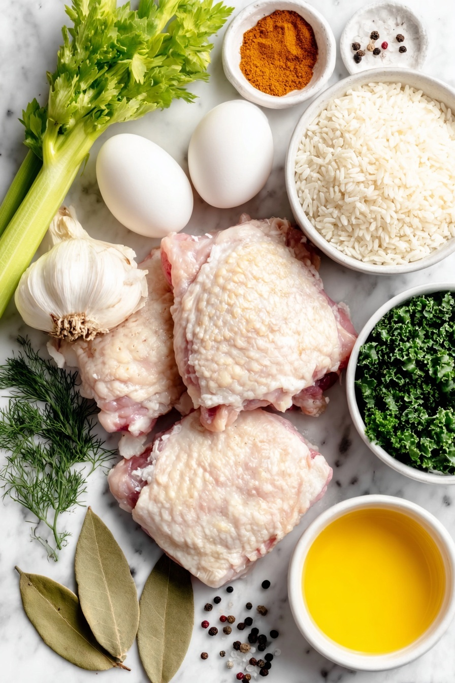 Flat lay of skinless bone-in chicken thighs with natural skin texture, a halved small white onion showing crisp layers, two large cloves of garlic with papery skin, one fresh celery stalk with leaves attached, one medium vibrant orange carrot, small white ceramic bowls holding ground cinnamon and ground turmeric powders, two fresh green bay leaves, a simple white ceramic bowl with short-grain white rice, a loose pile of shredded fresh kale leaves without stems, three extra large whole uncracked eggs with smooth shells, a small white bowl filled with bright yellow lemon juice, a small white bowl containing finely grated unwaxed lemon zest, a small white bowl filled with chopped fresh dill, a small white bowl holding golden extra virgin olive oil, scattered black peppercorns and coarse salt crystals visible on the white marble surface, all ingredients perfectly arranged with balanced layout and symmetry, natural soft lighting highlighting freshness and texture, no utensils or packaging visible, placed on a clean white marble surface, soft natural light, photo taken with an iPhone, professional food photography style, fresh ingredients, white ceramic bowls, no bottles, no duplicates, no utensils, no packaging --ar 2:3 --v 7 --p m7354615311229779997 - Lemon Chicken Soup with Avgolemono Flavor, lemon chicken soup, Greek lemon chicken soup, comforting lemon chicken broth, healthy chicken soup