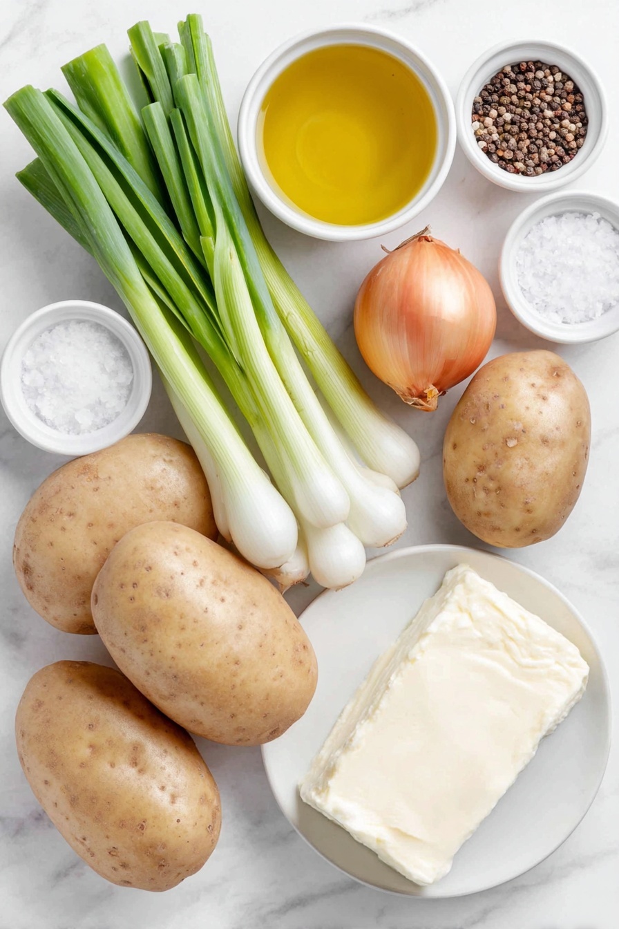 Flat lay of fresh whole white potatoes with natural earthy skin, a few bright green leek stalks with white bases sliced neatly, a medium yellow onion with smooth skin, an uncut block of creamy white cream cheese, a small white ceramic bowl filled with golden olive oil, a small white ceramic bowl containing coarse sea salt, another small white ceramic bowl with cracked black peppercorns, and a white ceramic bowl of clear vegetable broth, all arranged symmetrically on a clean white marble surface, soft natural light, photo taken with an iPhone, professional food photography style, fresh ingredients, white ceramic bowls, no bottles, no duplicates, no utensils, no packaging --ar 2:3 --v 7 --p m7354615311229779997 - Creamy Potato Soup, easy potato soup, comforting potato soup, hearty potato soup recipe, homemade creamy soup