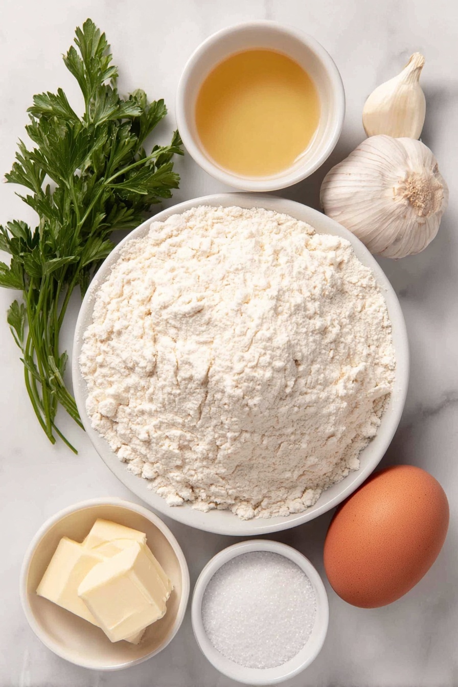 Flat lay of a mound of fine white bread flour, a small white bowl of warm milk, a small white bowl with a mix of golden vegetable oil, a whole large brown egg with a smooth uncracked shell, a small white bowl of golden melted butter, a whole garlic clove with papery white skin, a few vibrant green sprigs of fresh parsley, a small white bowl containing sparkling granulated sugar, a small white bowl with fine white salt crystals, and a small white bowl holding active dry yeast granules, all arranged in perfect symmetry on a clean white marble surface, soft natural light, photo taken with an iPhone, professional food photography style, fresh ingredients, white ceramic bowls, no bottles, no duplicates, no utensils, no packaging --ar 2:3 --v 7 --p m7354615311229779997 - Garlic Butter Dinner Rolls, homemade dinner rolls, fluffy bread rolls, garlic bread rolls, soft buttery dinner rolls