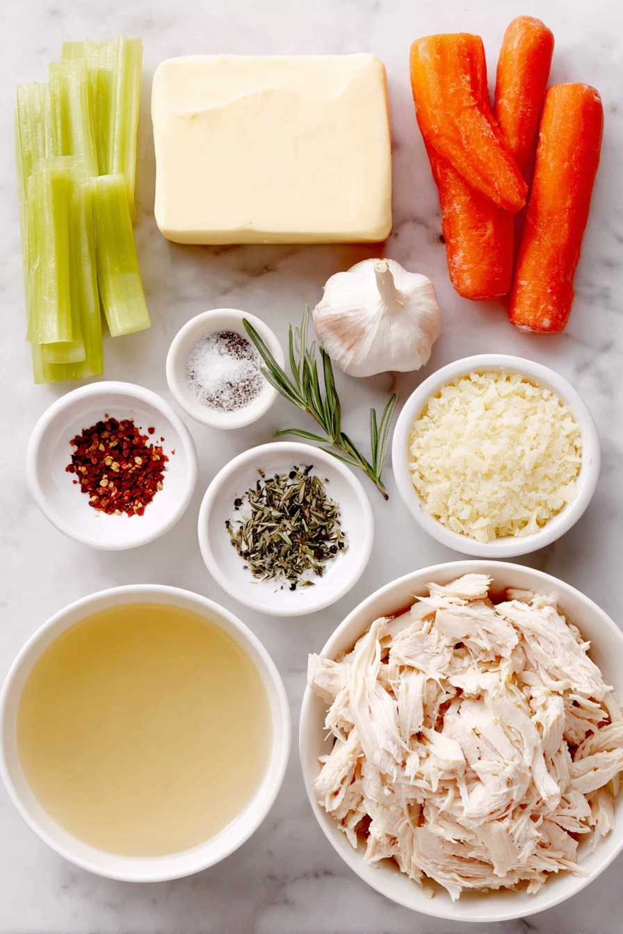 Flat lay of a small slab of butter, two fresh celery ribs diced, three large peeled carrots diced, one whole garlic bulb with one clove minced next to it, a small white bowl filled with clear chicken stock, a small white bowl containing coarse salt, a small white bowl with freshly ground black pepper, a small white bowl with dried rosemary, a small white bowl with dried thyme, a small white bowl with crushed red pepper flakes, a simple portion of uncooked farfalle pasta, shredded pieces of rotisserie chicken arranged neatly, and a small white bowl with chicken bouillon granules, all placed on a clean white marble surface, soft natural light, photo taken with an iPhone, professional food photography style, fresh ingredients, white ceramic bowls, no bottles, no duplicates, no utensils, no packaging --ar 2:3 --v 7 --p m7354615311229779997 - Healthy Chicken Noodle Soup, nutritious chicken noodle soup, easy healthy soup recipe, wholesome chicken soup, comforting homemade chicken noodle soup