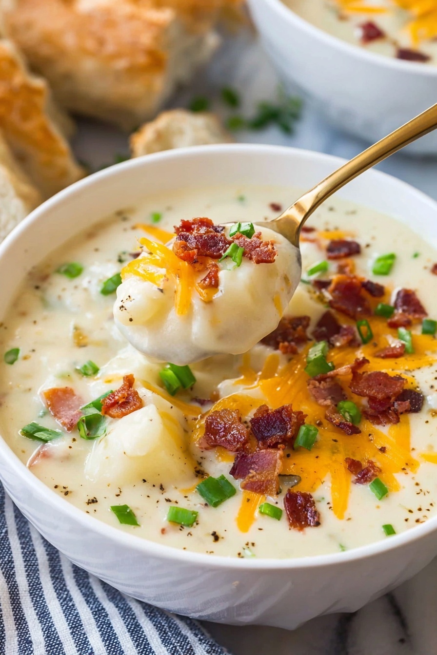 A white bowl filled with creamy, thick potato soup spilling slightly over the edge, showing chunks of soft potatoes covered in smooth white sauce. On top, colorful layers include small crispy bacon pieces in dark red and brown tones, bright orange shredded cheese, and vibrant green chopped scallions. A gold spoon lifts a spoonful of the creamy soup, emphasizing the thick texture and mixed ingredients. The bowl sits on a white marbled surface with a striped cloth below and some bread pieces visible in the corner. Photo taken with an iphone --ar 2:3 --v 7 - Creamy Potato Soup with Bacon, creamy potato soup, bacon potato soup recipe, cozy potato soup, hearty bacon soup