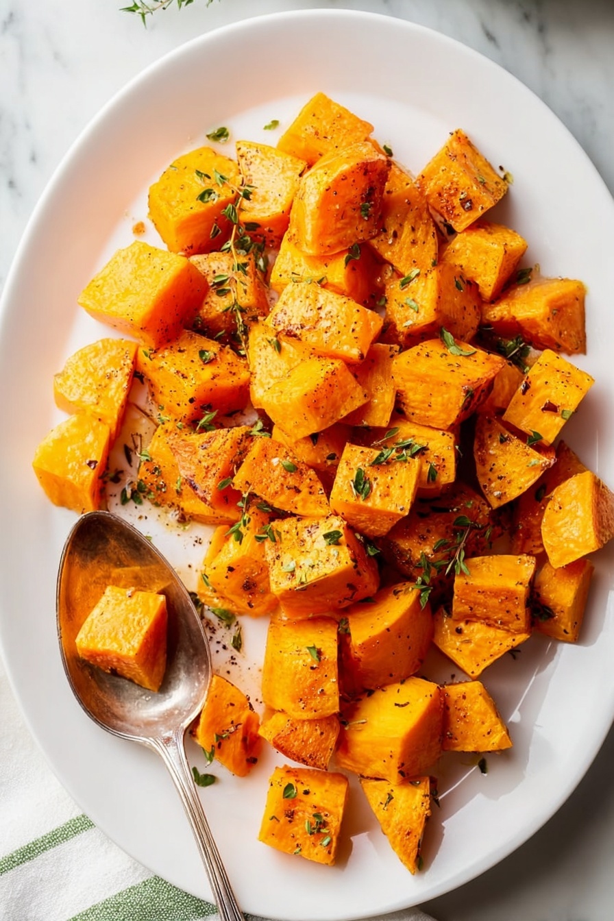 The image shows a white plate filled with orange roasted cubes of sweet potato, some pieces having a slightly darker golden brown crispy surface. The cubes are scattered evenly across the plate, with a silver spoon holding a few pieces in the lower part of the plate. Small green herb flakes are sprinkled on top of the sweet potatoes and some black pepper is also visible. The plate is set on a white marbled surface with a glimpse of a white cloth with green stripes around the edges. photo taken with an iphone --ar 2:3 --v 7 - Roasted Butternut Squash, roasted squash side dish, easy butternut squash recipe, healthy roasted vegetables, cozy fall side dish