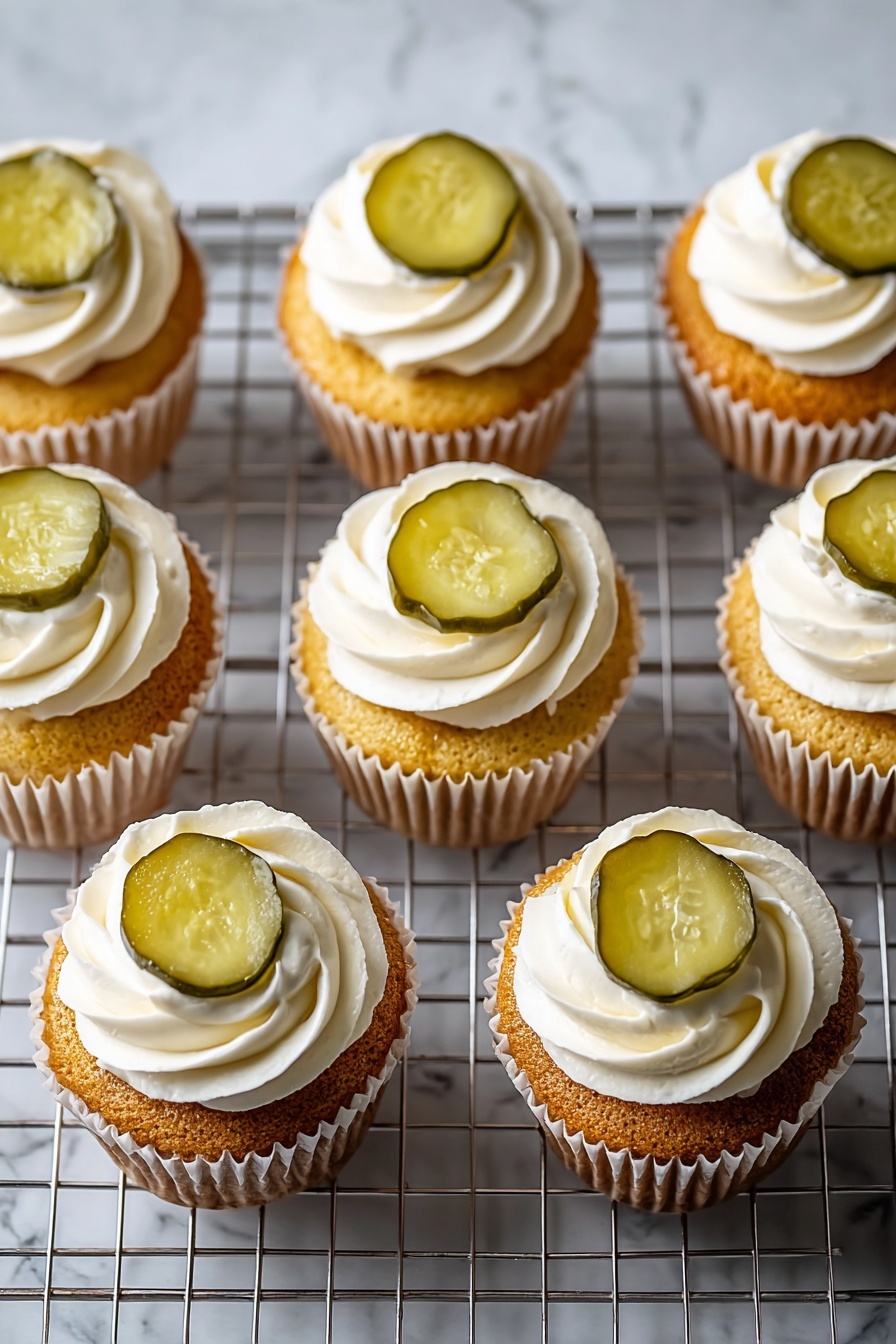 Eight vanilla cupcakes sit on a metal cooling rack over a white marbled surface. Each cupcake has two visible layers: a golden brown base wrapped in white paper liners, topped with a thick swirl of smooth white frosting. On top of the frosting of every cupcake, there is a round green pickle slice with light seeds and a shiny texture, placed in the center. The frosting swirls are neatly piped and evenly spaced on all cupcakes, creating a uniform look. photo taken with an iphone --ar 2:3 --v 7 - Pickle Cake Cupcakes with Cream Cheese Frosting, savory pickle cupcakes, unique cupcake recipes, pickled flavor desserts, bourbon frosting cupcakes