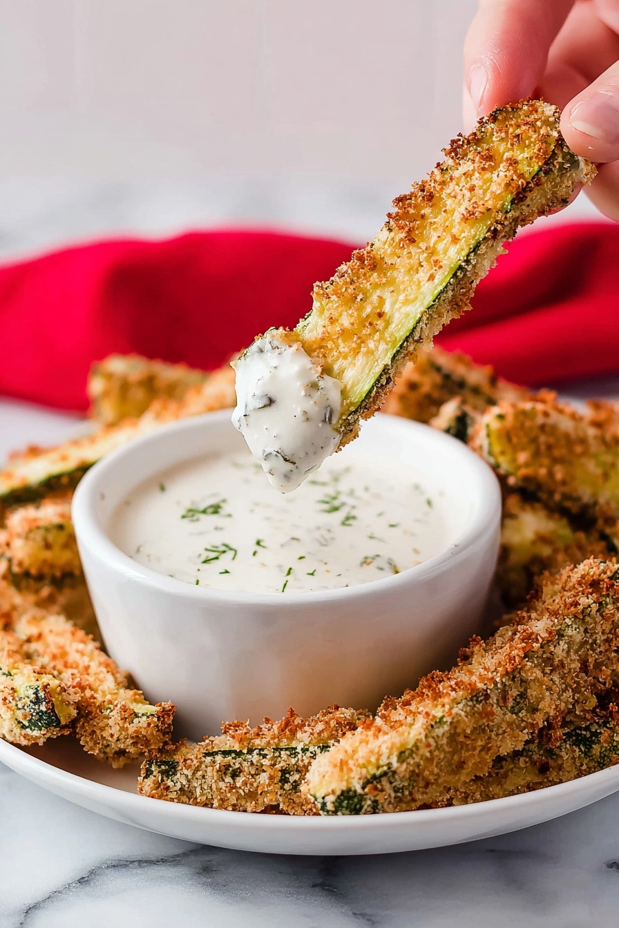 The image shows a woman's hand holding a golden brown, crispy zucchini stick with a crunchy breadcrumb coating, dipped halfway into a creamy white sauce with green herb pieces visible. The sauce fills a white bowl placed on a white plate, along with more breaded zucchini sticks stacked around it. The background is a clean, white marbled surface with a blurred red cloth in the back. The textures highlight the contrast between the crispy coating and smooth sauce. photo taken with an iphone --ar 2:3 --v 7 - Baked Dill Pickle Fries, baked pickle fries, crispy pickle fries, healthy snack recipes, easy pickle fry recipe