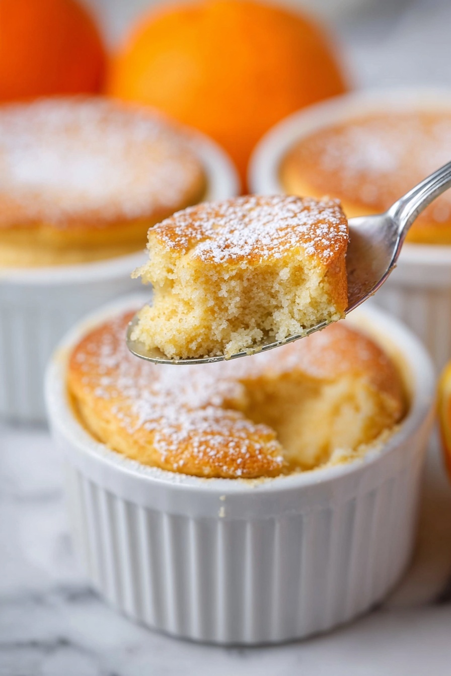 A white ramekin holds a small, round baked dish with a light golden-brown top sprinkled lightly with powdered sugar. A spoon lifts one scoop of the soft, fluffy, spongy interior, showing a slightly moist and textured inside with a warm tan color. In the blurry background, there are two more white ramekins with similar baked dishes and an orange fruit partially visible. The whole scene is set on a white marbled surface. Photo taken with an iphone --ar 2:3 --v 7 - Pumpkin Souffle, pumpkin souffle recipe, fall dessert ideas, easy pumpkin dessert, fluffy pumpkin souffle