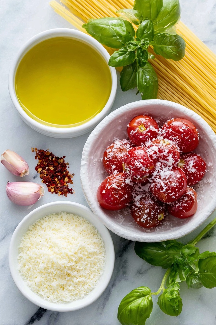 Flat lay of a small white ceramic bowl filled with extra virgin olive oil, a whole peeled garlic clove, a pinch of dried red pepper flakes on the side, a simple white ceramic plate holding a cluster of glossy whole peeled San Marzano tomatoes with their juice, a scattering of kosher salt crystals, a fresh green basil branch with a few loose leaves beside it, a neat bundle of uncooked spaghetti pasta, and a small white ceramic bowl with freshly grated Parmesan cheese, all placed on a clean white marble surface, soft natural light, photo taken with an iPhone, professional food photography style, fresh ingredients, white ceramic bowls, no bottles, no duplicates, no utensils, no packaging --ar 2:3 --v 7 --p m7354615311229779997 - Simple Pasta Pomodoro, pasta pomodoro, Italian pasta recipe, quick tomato pasta, easy Italian dinner