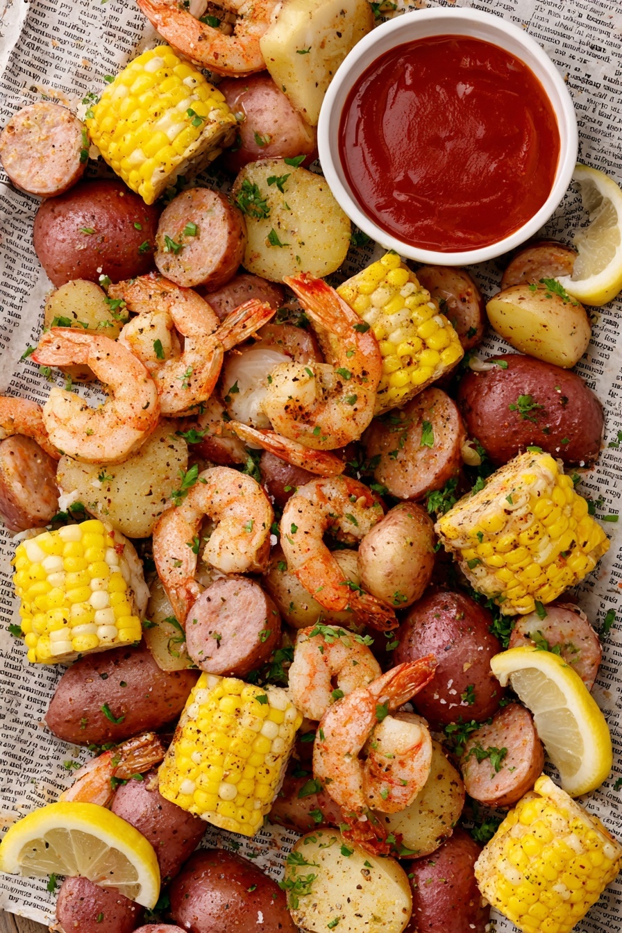 The image shows a mixed seafood boil spread out over a layer of newspaper. The dish includes several large pink shrimp with visible tails and light seasoning scattered on them. There are multiple chunks of bright yellow corn on the cob, halved into small sections, positioned evenly throughout the seafood. Red potatoes, both whole and sliced, add a round and smooth texture, with some pieces garnished with chopped green herbs. Sliced sausage rounds with a slightly browned surface are scattered among the other ingredients. Bright yellow lemon wedges are placed on top and around the mix, adding a fresh pop of color. A small white bowl filled with thick red sauce is positioned near the top center, completing this rustic, colorful seafood spread. Photo taken with an iphone --ar 2:3 --v 7 - Easy Low Country Shrimp Boil, Low Country Shrimp Boil, Seafood Boil Recipe, Shrimp and Corn Boil, Southern Shrimp Boil