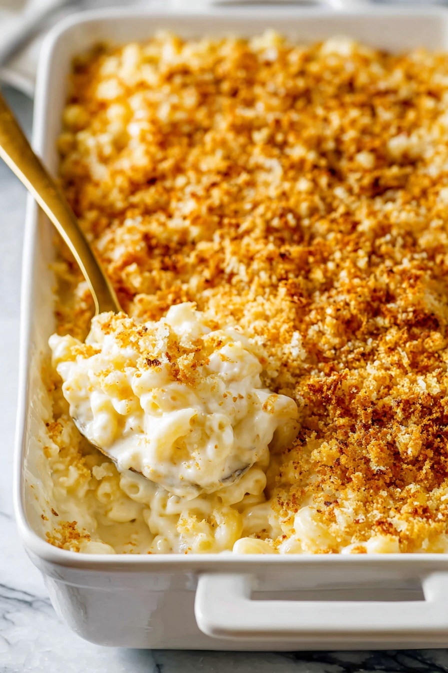 A close-up view of a white rectangular casserole dish filled with mac and cheese, showing three layers: a creamy white cheesy pasta base, a middle layer of soft macaroni mixed with cheese sauce, and a thick golden brown crispy crumb topping covering the whole surface. A gold spoon scoops out a portion, revealing the melty cheesy pasta underneath the crunchy top. The dish sits on a white marbled surface. photo taken with an iphone --ar 2:3 --v 7 - Truffle Cheese Mac and Cheese, gourmet mac and cheese, truffle pasta recipe, luxurious cheese macaroni, decadent cheese sauce