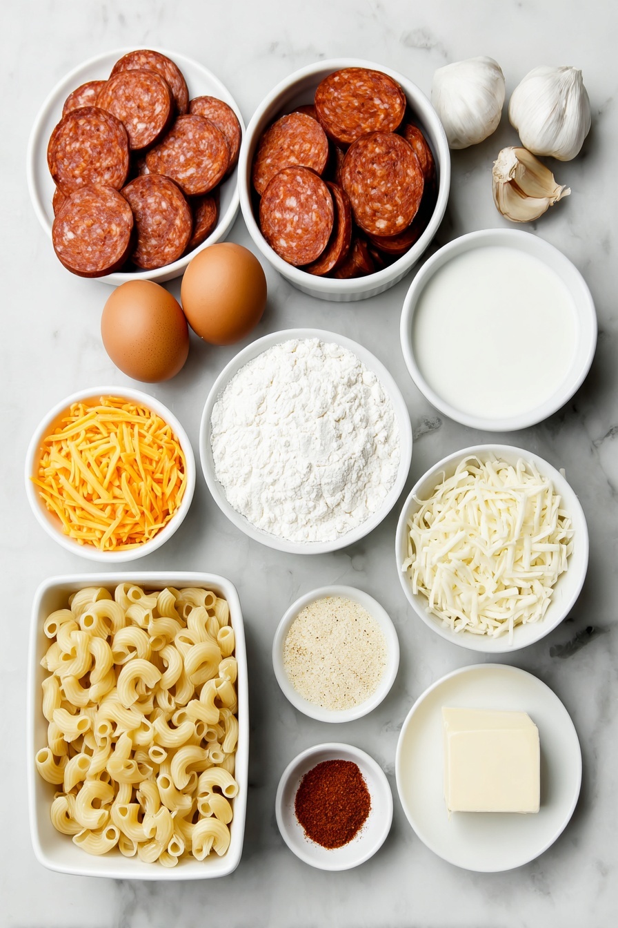 Flat lay of fresh sliced chorizo rounds, two whole uncracked brown eggs, two peeled garlic cloves chopped, a small white ceramic bowl with plain flour, a small white ceramic bowl filled with milk, a small white ceramic bowl of finely grated extra mature cheddar, a small white ceramic bowl of shredded block mozzarella, a small white ceramic bowl containing smoked paprika powder, a small white ceramic bowl with cayenne pepper powder, a small white ceramic bowl with Dijon mustard, uncooked macaroni pasta laid neatly, a small white ceramic bowl of panko breadcrumbs, a small white ceramic bowl with grated Parmesan cheese, a small chunk of butter on a white ceramic dish, arranged in perfect symmetry and balanced proportions, all fresh and natural, placed on a clean white marble surface, soft natural light, photo taken with an iPhone, professional food photography style, fresh ingredients, white ceramic bowls, no bottles, no duplicates, no utensils, no packaging --ar 2:3 --v 7 --p m7354615311229779997 - Chorizo Mac and Cheese Bake, spicy mac and cheese recipe, creamy cheese and chorizo casserole, easy comfort food recipes, smoky chorizo pasta bake