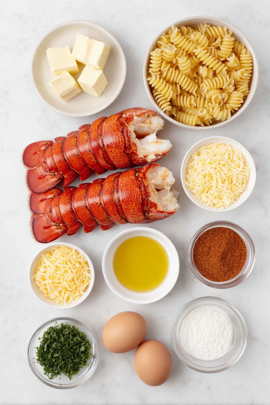 Flat lay of five fresh lobster tails with bright red shells, a small white ceramic bowl of unsalted butter chunks, a small white ceramic bowl of vibrant cajun seasoning powder, a neat pile of uncooked cavatappi pasta twists, a small white ceramic bowl holding shredded mild cheddar cheese, a small white ceramic bowl holding shredded monterey jack cheese, a small white ceramic bowl holding shredded gruyere cheese, a small white ceramic bowl holding shredded parmesan cheese, a small white ceramic bowl with golden olive oil, a small white ceramic bowl with minced fresh garlic, a small white ceramic bowl of all purpose flour, a small white ceramic bowl of thick heavy cream, a small white ceramic bowl of whole milk, a small white ceramic bowl containing onion powder, a small white ceramic bowl containing garlic powder, a small white ceramic bowl with dry mustard powder, a small white ceramic bowl with smoked paprika, a small white ceramic bowl with cayenne powder, two whole clean uncracked brown eggs, a small white ceramic bowl filled with golden panko breadcrumbs, and a few sprigs of fresh chopped parsley all arranged with perfect symmetry, placed on a clean white marble surface, soft natural light, photo taken with an iPhone, professional food photography style, fresh ingredients, white ceramic bowls, no bottles, no duplicates, no utensils, no packaging --ar 2:3 --v 7 --p m7354615311229779997 - Lobster Mac and Cheese Bake, lobster mac and cheese, seafood pasta bake, cheesy lobster casserole, easy lobster pasta recipe