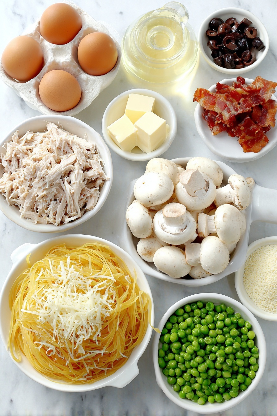 Flat lay of thin spaghetti broken in half, a few small cubes of cream cheese on a simple white ceramic plate, whole uncracked brown eggs, quartered white mushrooms in a white ceramic bowl, a small white bowl of green peas, cooked shredded turkey pieces on a white plate, finely chopped black olives in a white bowl, sliced raw garlic cloves, small white bowl of butter cubes, small white bowl of grated Monterey Jack cheese, another small white bowl of grated Parmesan cheese, small white bowl of panko breadcrumbs, a few sprigs of black peppercorns scattered neatly, crispy fried bacon bits on a white dish, small white bowl of white wine, all arranged symmetrically and naturally placed on a clean white marble surface, soft natural light, photo taken with an iPhone, professional food photography style, fresh ingredients, white ceramic bowls, no bottles, no duplicates, no utensils, no packaging --ar 2:3 --v 7 --p m7354615311229779997 - Turkey Mushroom Pasta Bake, comforting pasta casserole, easy turkey pasta bake, creamy mushroom pasta, hearty family dinner