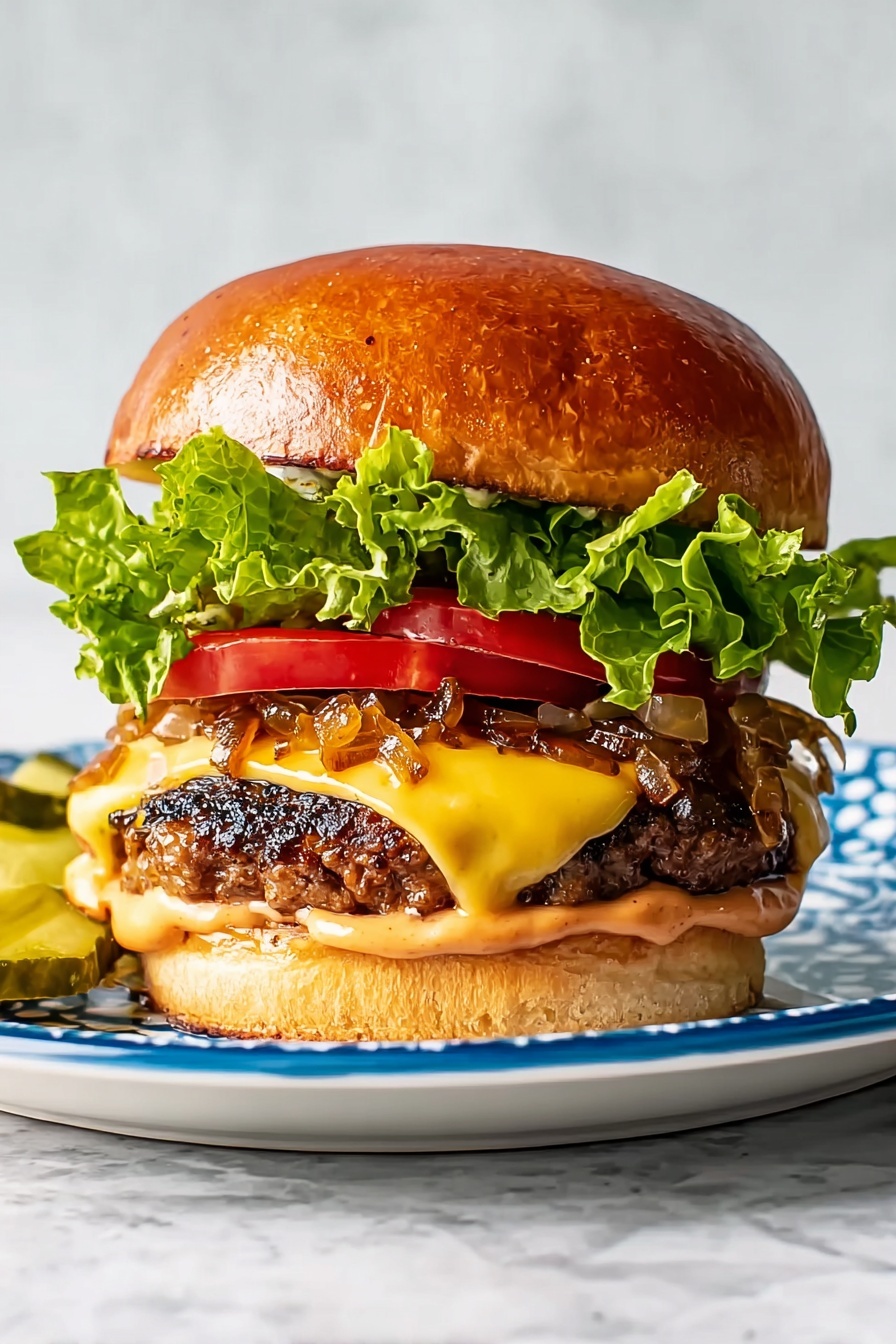 A close-up view of a stacked burger on a white plate with blue patterns, placed on a white marbled surface. The bottom layer is a toasted soft bun spreading light orange sauce. On top is a grilled beef patty with melted yellow cheese that has a slightly shiny texture. Above the cheese are sautéed onions with a caramel brown color and a few darker edges, followed by two bright red tomato slices. Next is a fresh green leafy lettuce layer with ruffled edges, and the top is a shiny golden-brown bun with a smooth texture. A few pickle slices are partially visible on the left side of the plate. photo taken with an iphone --ar 2:3 --v 7 - Juicy Cheese Burger with Secret Sauce, cheeseburger recipe, homemade burger with secret sauce, juicy burger ideas, flavorful cheeseburger
