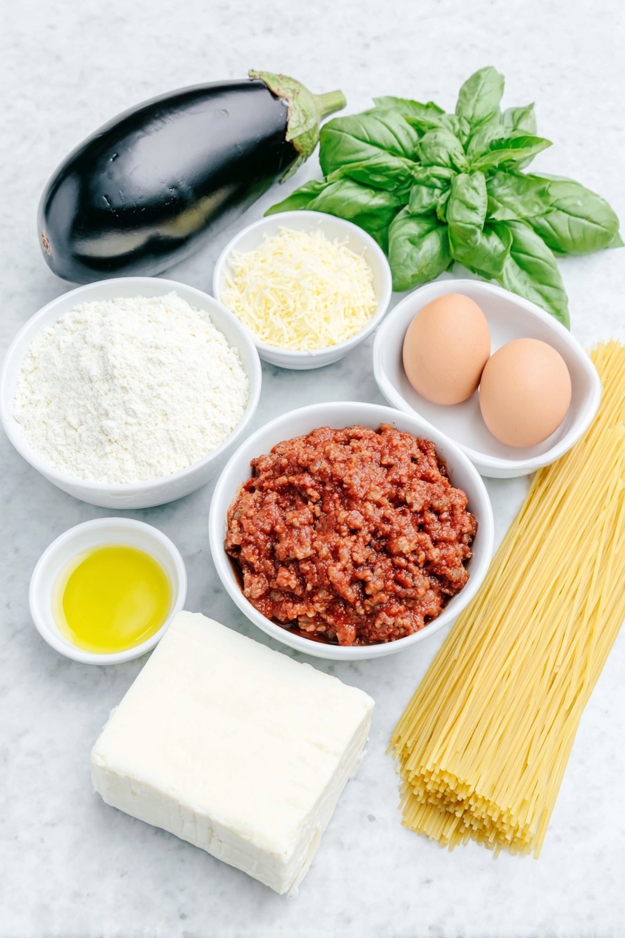 Flat lay of a whole globe eggplant with deep purple glossy skin, a small mound of all-purpose flour in a simple white ceramic bowl, two whole brown eggs with clean shells, a small white bowl filled with golden Japanese panko breadcrumbs, a small white bowl holding neutral light yellow cooking oil, a block of fresh white mozzarella cheese, a neat bundle of uncooked spaghetti pasta strands, a small white bowl of rich red homemade meat sauce, a small white bowl with finely grated Parmigiano-Reggiano cheese, and a few fresh bright green basil sprigs, all placed on a clean white marble surface, soft natural light, photo taken with an iPhone, professional food photography style, fresh ingredients, white ceramic bowls, no bottles, no duplicates, no utensils, no packaging --ar 2:3 --v 7 --p m7354615311229779997 - Eggplant Parmesan Spaghetti with Meat Sauce, Eggplant Parmesan pasta, Italian eggplant spaghetti, Meat sauce pasta with eggplant, cheesy eggplant spaghetti