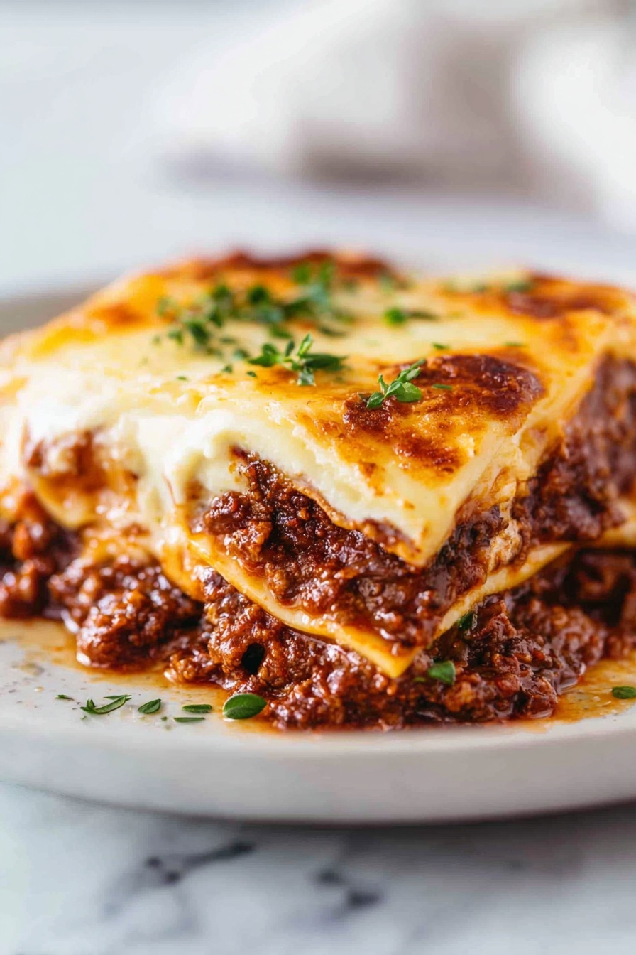 A white rectangular dish filled with a baked lasagna showing a top layer of golden-brown melted cheese with darker toasted spots and fresh green basil strips scattered on top. The dish is placed on a white marbled surface, with a white and blue checkered cloth partially visible at the top right corner. The cheese layer looks bubbly and slightly crispy in some areas. Photo taken with an iphone --ar 2:3 --v 7 - Creamy Beef Lasagna with Cheese Sauce, cheesy beef lasagna, creamy beef lasagna recipe, comfort food lasagna, homemade creamy beef lasagna