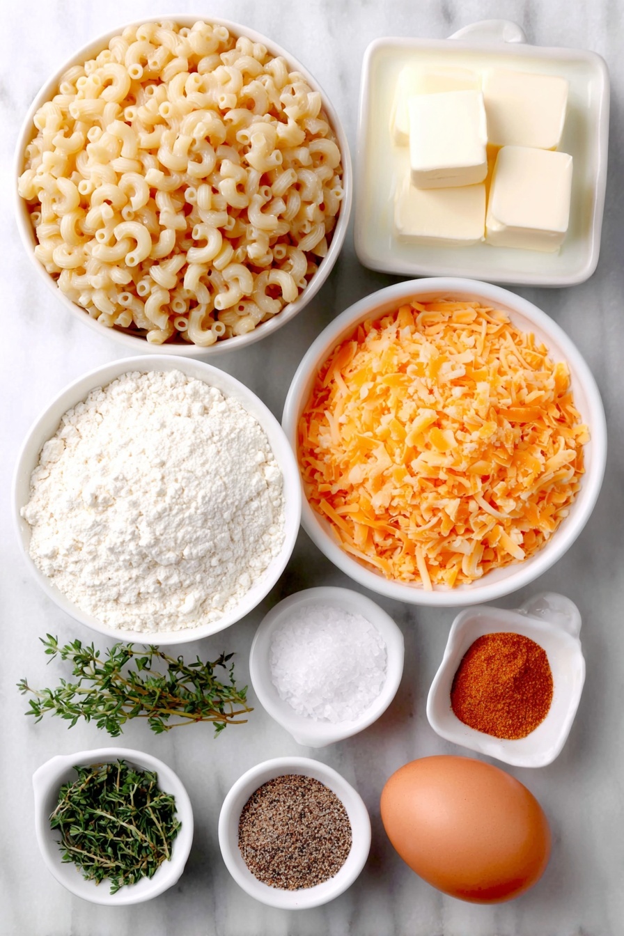 Flat lay of dried elbow macaroni in a neat mound, a single whole brown egg with clean shell, a small white ceramic bowl of salted butter cubes, a small white ceramic bowl filled with pale all-purpose flour, a small white ceramic bowl holding creamy whole milk, a small white ceramic bowl containing bright yellow dry mustard powder, a simple pile of grated mixed cheeses including cheddar, jack, and fontina with orange, white, and pale yellow hues, and small white ceramic bowls each with kosher salt crystals, seasoned salt, ground black pepper, and a blend of cayenne pepper, paprika, and fresh thyme sprigs arranged symmetrically, placed on a clean white marble surface, soft natural light, photo taken with an iPhone, professional food photography style, fresh ingredients, white ceramic bowls, no bottles, no duplicates, no utensils, no packaging --ar 2:3 --v 7 --p m7354615311229779997 - Creamy Baked Mac and Cheese, baked mac and cheese recipe, cheesy baked macaroni, comfort food recipes, easy baked mac and cheese
