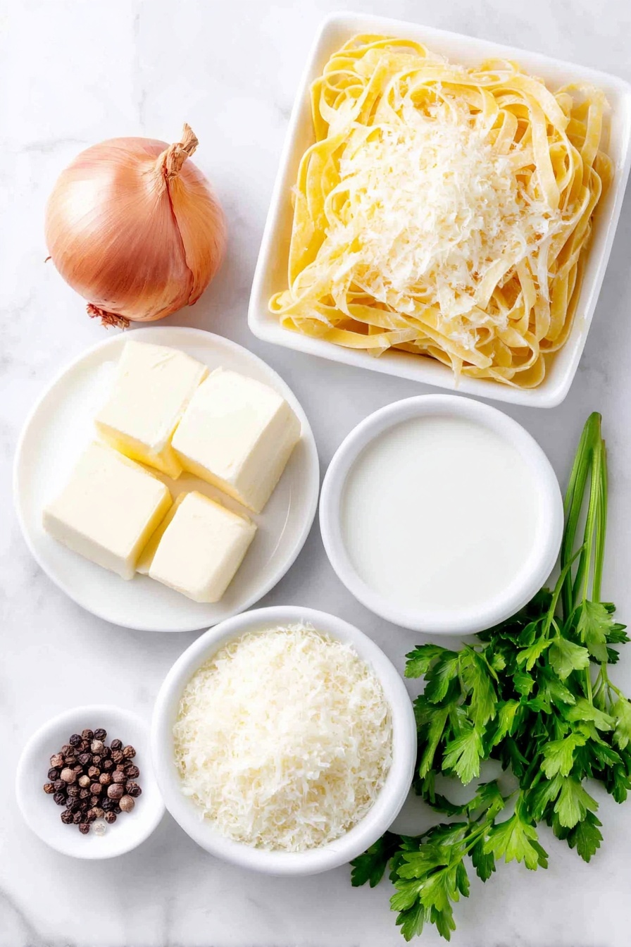 Flat lay of a small nest of dried fettuccine pasta, a few pats of golden unsalted butter on a simple white ceramic plate, a single small shallot with its purple-tinged skin intact, a small white ceramic bowl filled with smooth heavy cream, a small white ceramic bowl heaped with finely grated Parmigiano Reggiano cheese, a tiny pinch of coarse salt crystals on a white ceramic spoon rest (used just as a surface, not a utensil), several cracks of whole black peppercorns scattered neatly on the surface, and a few sprigs of fresh vibrant green parsley, all arranged in perfect symmetry on a clean white marble surface, soft natural light, photo taken with an iPhone, professional food photography style, fresh ingredients, white ceramic bowls, no bottles, no duplicates, no utensils, no packaging --ar 2:3 --v 7 --p m7354615311229779997 - Fettuccine Alfredo, creamy Parmesan Alfredo, homemade Alfredo sauce, easy Italian pasta, rich Alfredo dinner
