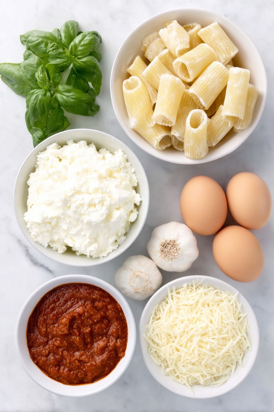 Flat lay of uncooked manicotti pasta shells arranged neatly, a small white bowl of olive oil, a mound of fresh ricotta cheese, four whole garlic bulbs cloves separated but unpeeled, shredded mozzarella cheese in a small white ceramic bowl, grated parmesan cheese in a small white bowl, a small bunch of fresh basil leaves, two large whole brown eggs with clean shells, and a small white bowl filled with bright red marinara sauce, all placed on a clean white marble surface, soft natural light, photo taken with an iPhone, professional food photography style, fresh ingredients, white ceramic bowls, no bottles, no duplicates, no utensils, no packaging --ar 2:3 --v 7 --p m7354615311229779997 - Three Cheese Manicotti Bake, cheesy Italian baked pasta, best manicotti recipe, easy cheese stuffed pasta bake, crowd-pleasing Italian casserole