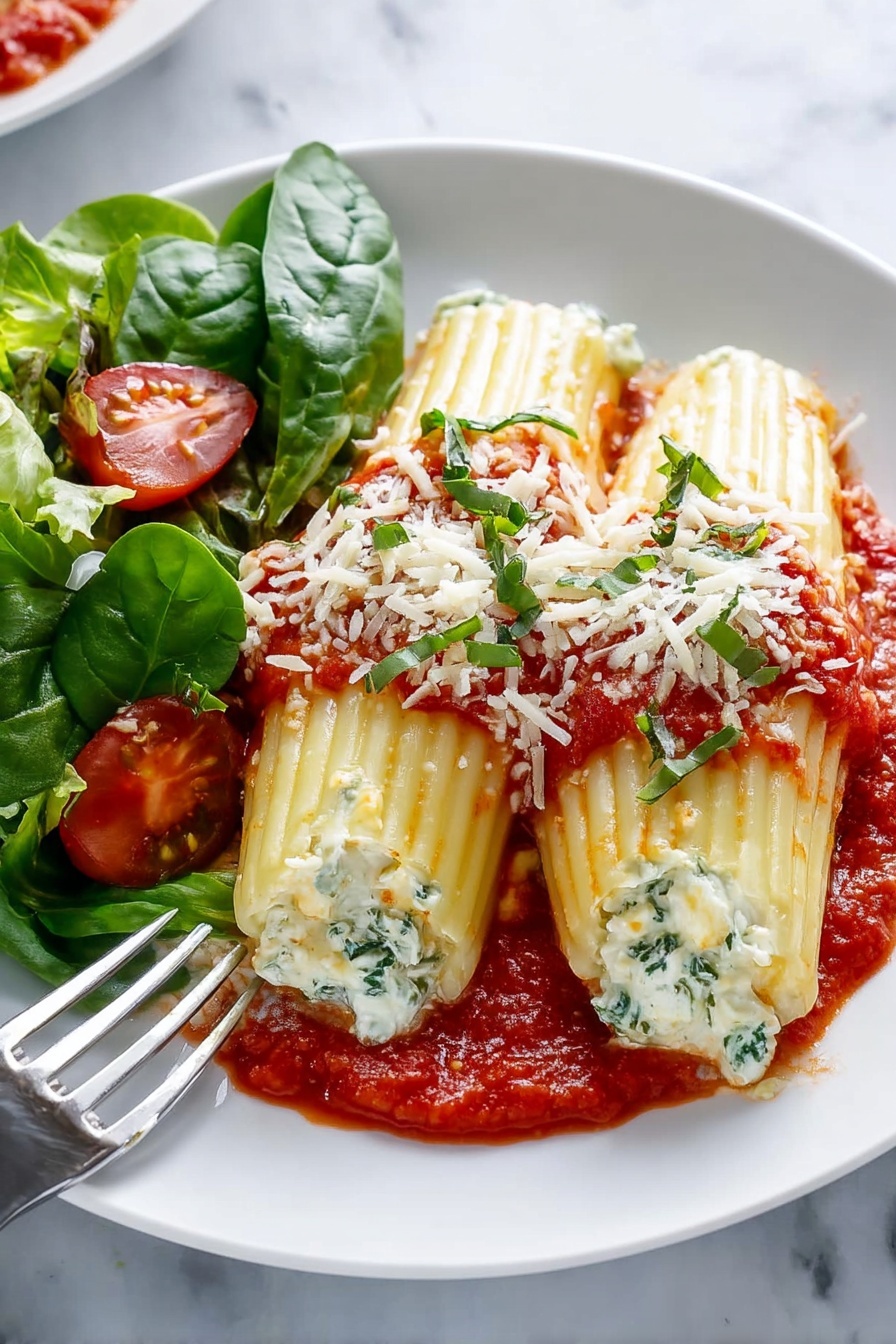 A white baking dish filled with seven folded pasta shells arranged in two rows. Each shell is stuffed with a white creamy filling and topped with bright red tomato sauce that is chunky and spread in small piles along the top. Fresh green basil leaves and small bits of grated white cheese are scattered on top, adding color contrast. The thick red sauce lines the bottom and sides of the dish, and the pasta shells have a ridged texture and a soft yellow color. The dish sits on a white marbled surface. Photo taken with an iphone --ar 2:3 --v 7 - Three Cheese Manicotti Bake, cheesy Italian baked pasta, best manicotti recipe, easy cheese stuffed pasta bake, crowd-pleasing Italian casserole