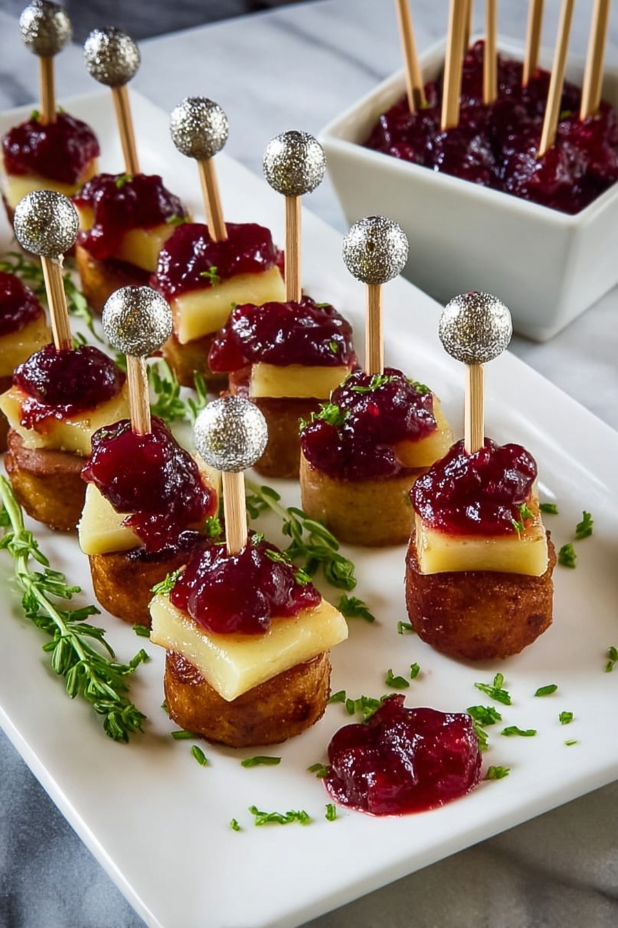 A white rectangular plate on a white marbled surface holds three rows of bite-sized snacks, each made of a bottom round layer of golden brown sausage, topped with a square layer of pale yellow cheese, and finished with a dollop of deep red cranberry sauce. Each snack is secured with a small wooden skewer topped with a shiny silver bead. Some parsley flakes are sprinkled on the plate and snacks for color. To the right, a white square bowl filled with more cranberry sauce sits on the white marbled surface next to several spare skewers. A small dollop of cranberry sauce has spilled on the plate near the bottom right corner. Photo taken with an iphone --ar 2:3 --v 7 - Smoked Sausage Cranberry Bites, party appetizer with smoked sausage and cranberries, easy holiday appetizer recipes, bite-sized appetizer ideas, quick festive snacks