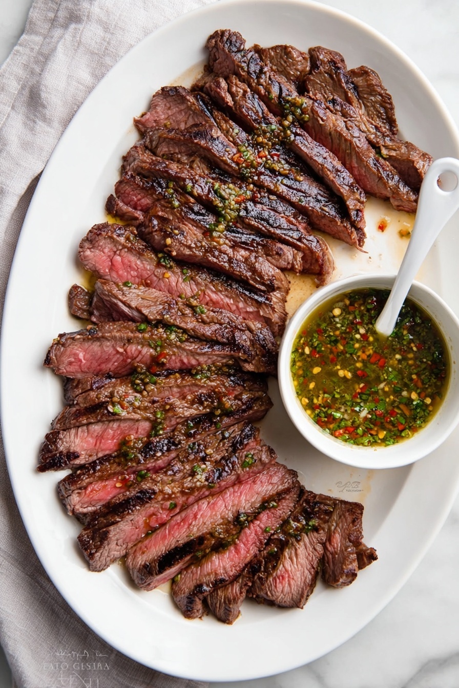 A white oval plate holds about twelve slices of grilled steak arranged in a slightly fanned out layer from left to right. The steak slices are medium-rare, showing a mix of deep brown outer edges with char marks and a pink-red center. To the right side of the plate, a small white bowl filled with a green sauce, flecked with red and yellow spices, sits partially on the plate with a white spoon inside it. The plate is set on a white marbled surface with a light gray cloth partially visible on the left side. Photo taken with an iphone --ar 2:3 --v 7 - Chimichurri Flank Steak, flavorful flank steak with chimichurri, easy steak dinner with chimichurri, juicy flank steak recipe, herb-filled steak sauce